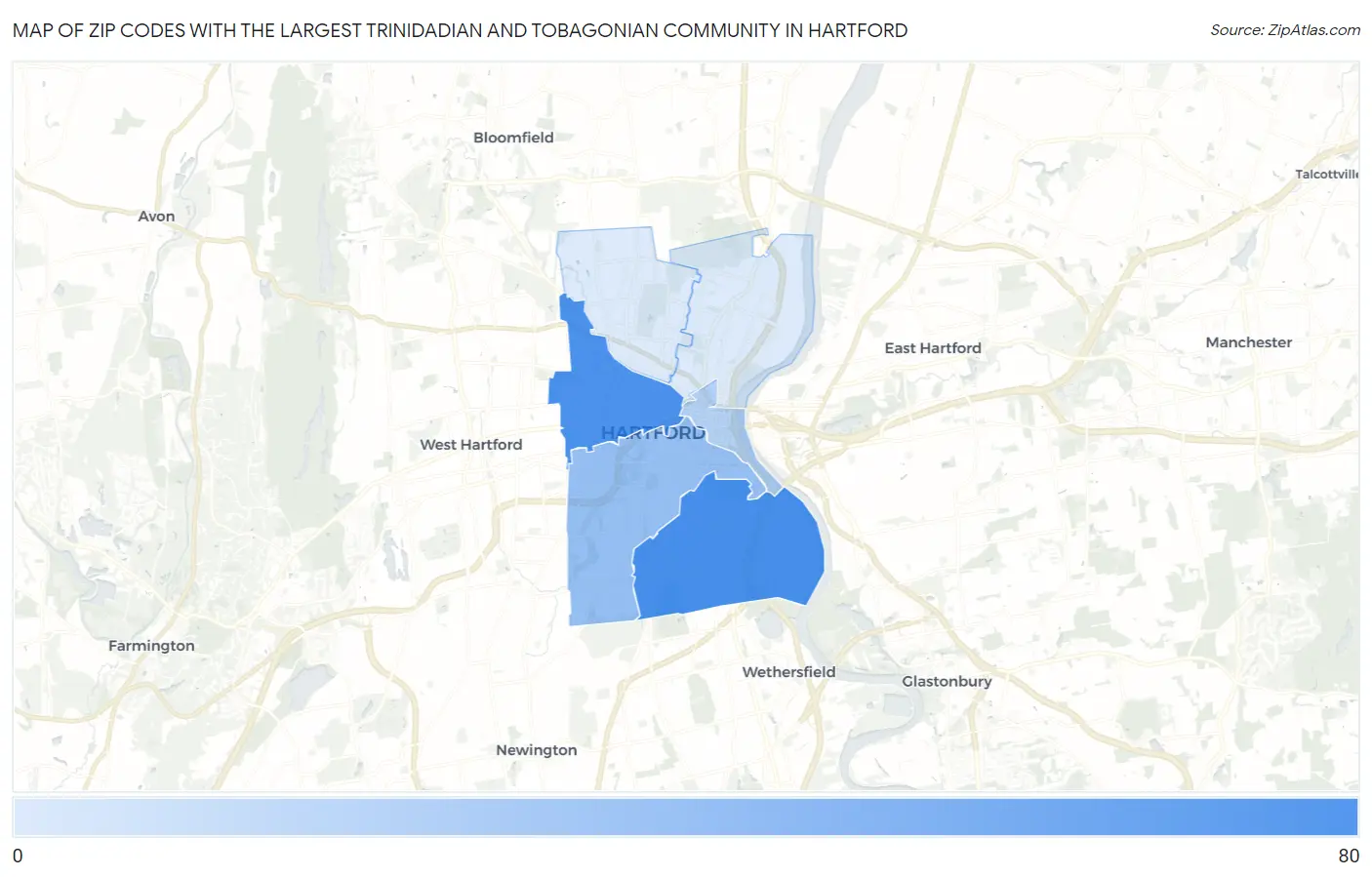 Zip Codes with the Largest Trinidadian and Tobagonian Community in Hartford Map