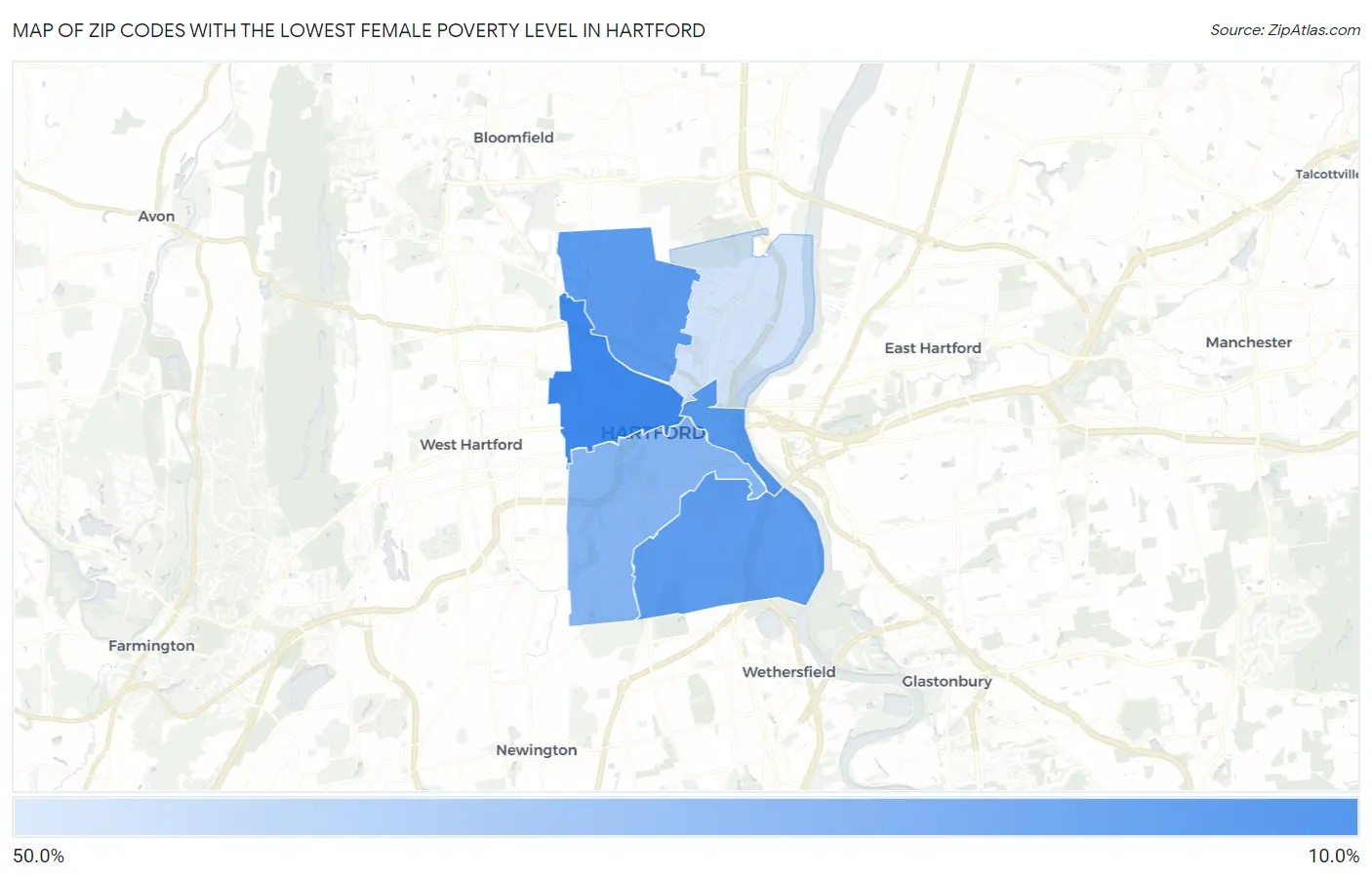 Zip Codes with the Lowest Female Poverty Level in Hartford Map