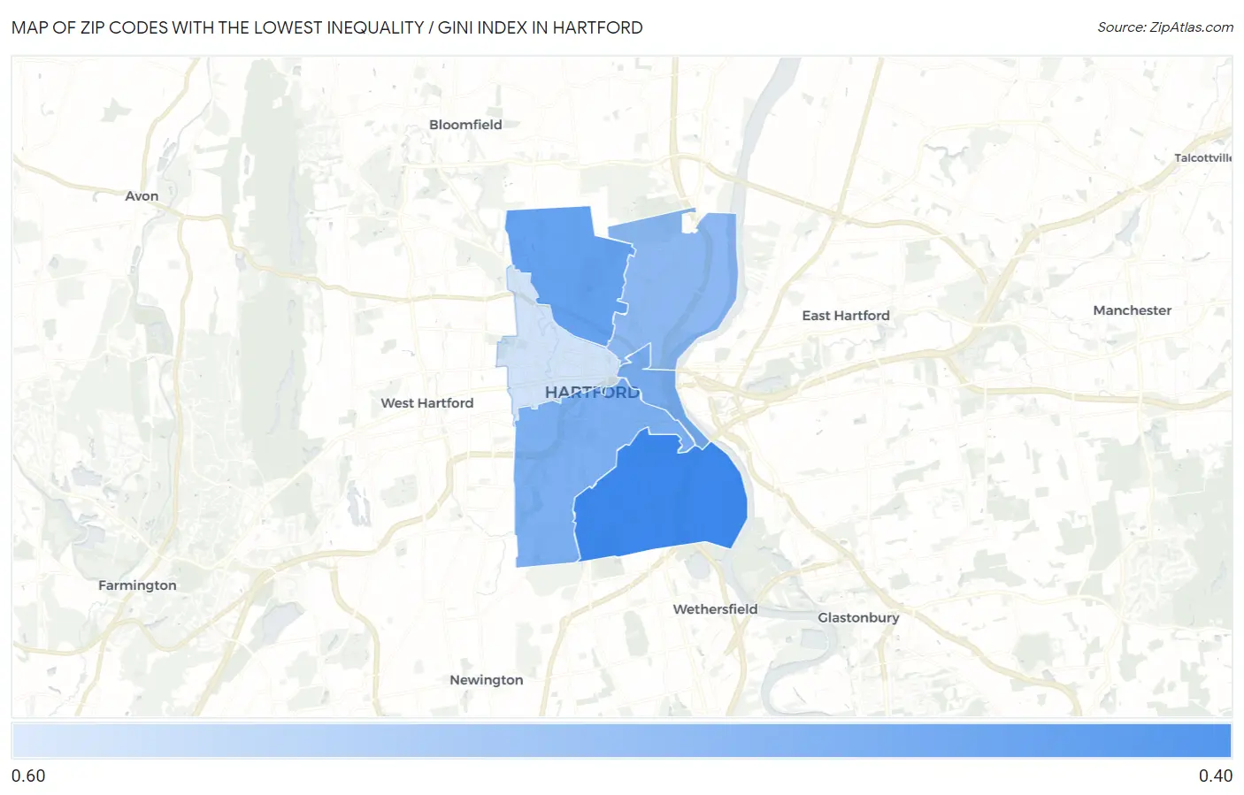 Zip Codes with the Lowest Inequality / Gini Index in Hartford Map