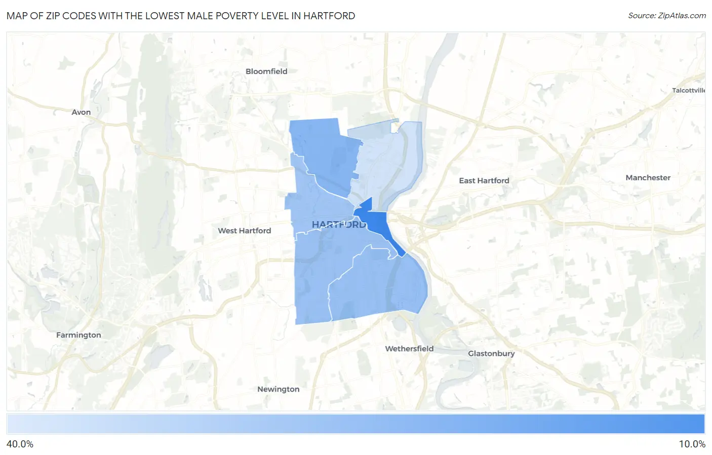 Zip Codes with the Lowest Male Poverty Level in Hartford Map