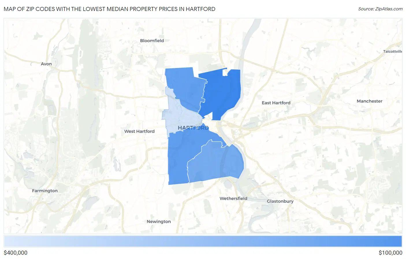 Zip Codes with the Lowest Median Property Prices in Hartford Map