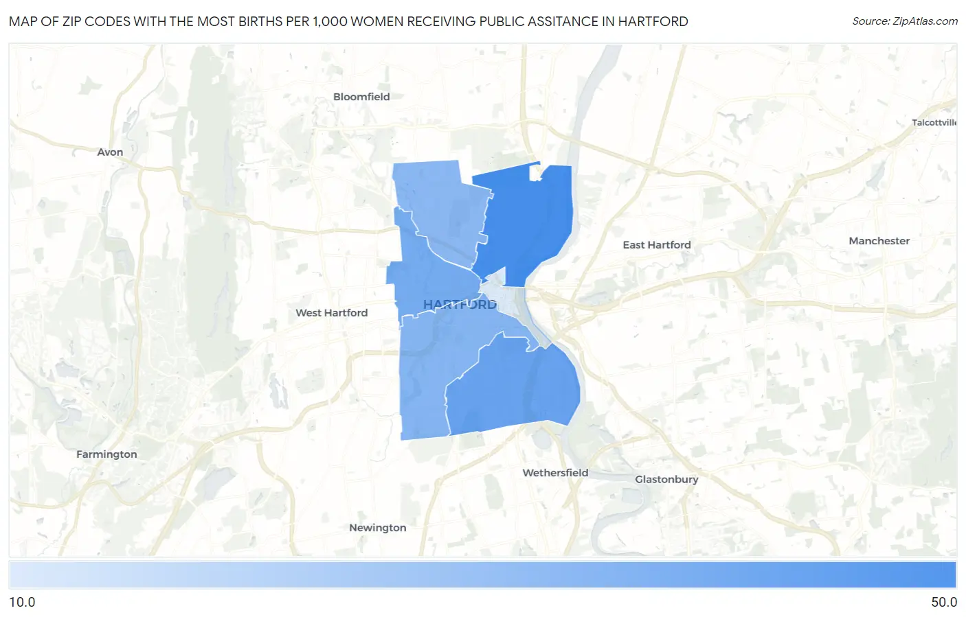 Zip Codes with the Most Births per 1,000 Women Receiving Public Assitance in Hartford Map