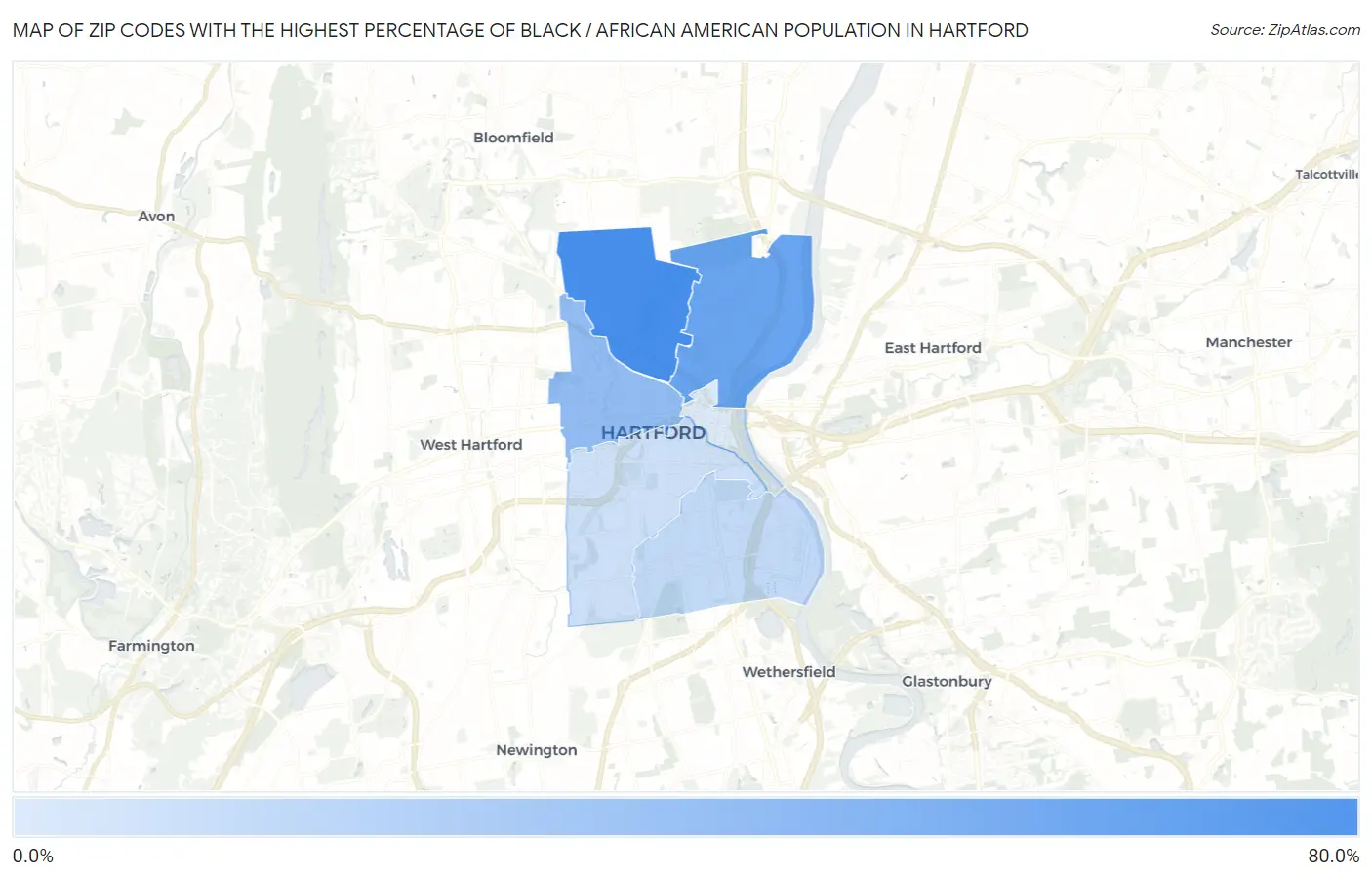 Zip Codes with the Highest Percentage of Black / African American Population in Hartford Map