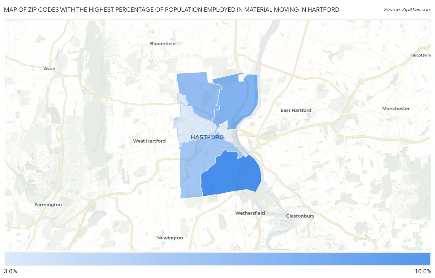 Zip Codes with the Highest Percentage of Population Employed in Material Moving in Hartford Map