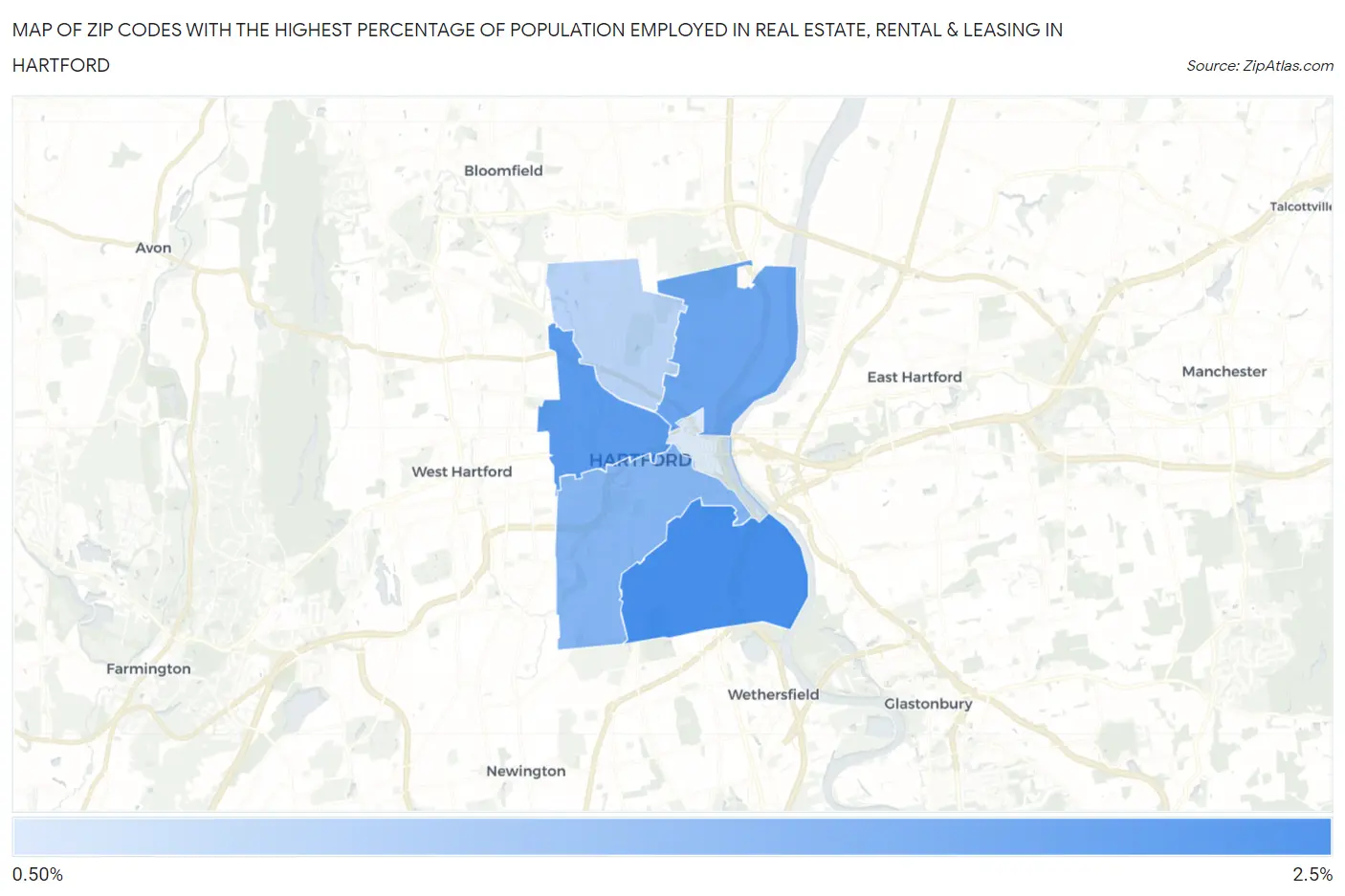 Zip Codes with the Highest Percentage of Population Employed in Real Estate, Rental & Leasing in Hartford Map