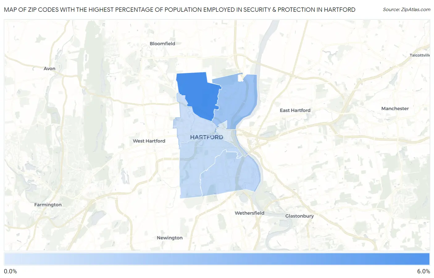 Zip Codes with the Highest Percentage of Population Employed in Security & Protection in Hartford Map