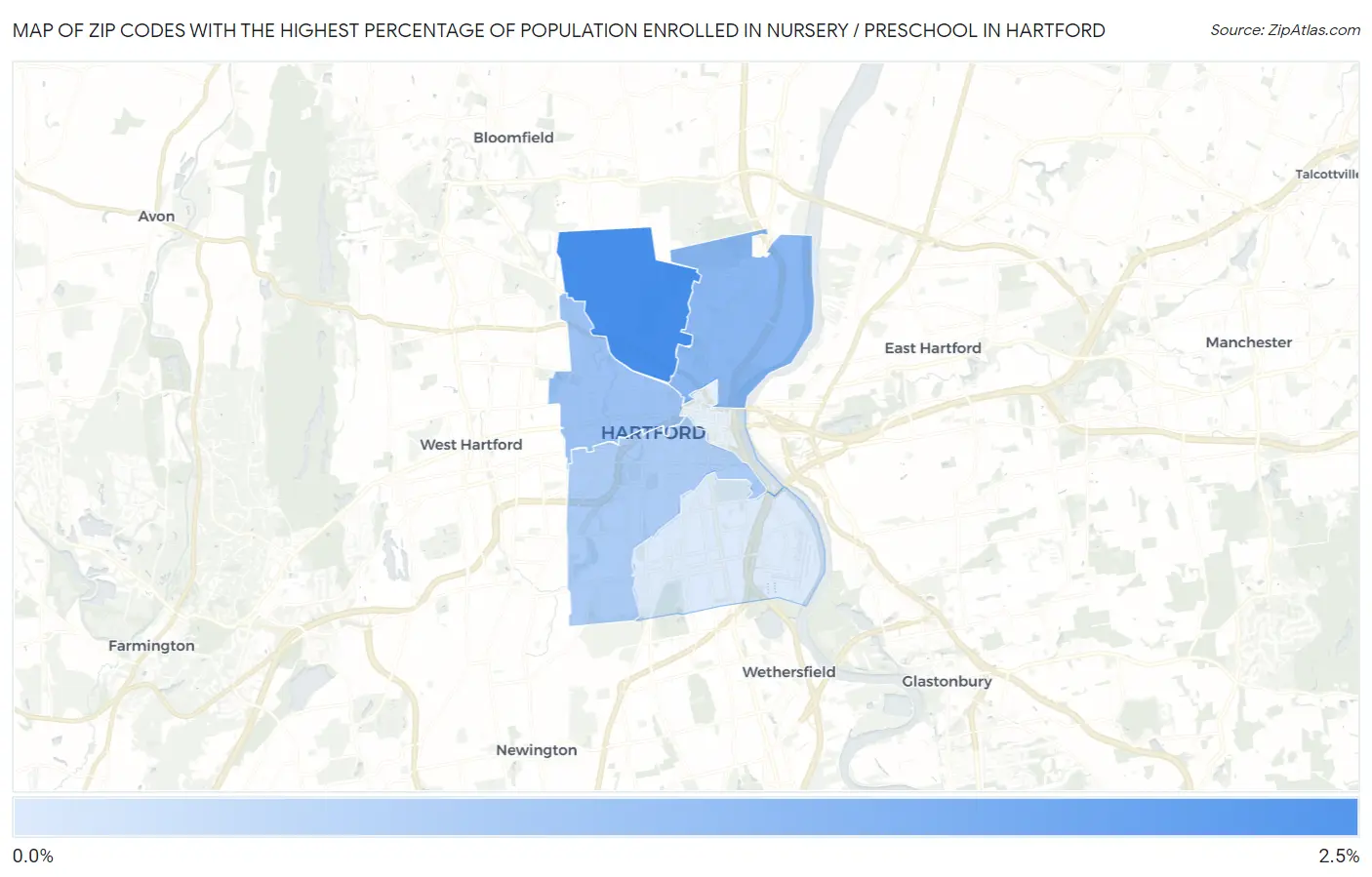 Zip Codes with the Highest Percentage of Population Enrolled in Nursery / Preschool in Hartford Map