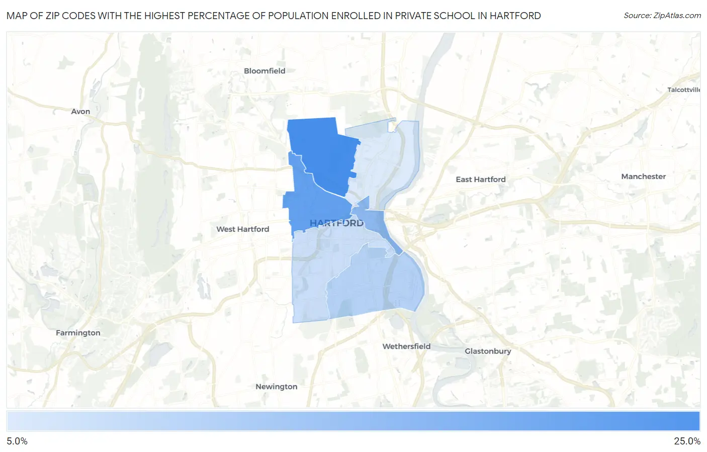 Zip Codes with the Highest Percentage of Population Enrolled in Private School in Hartford Map