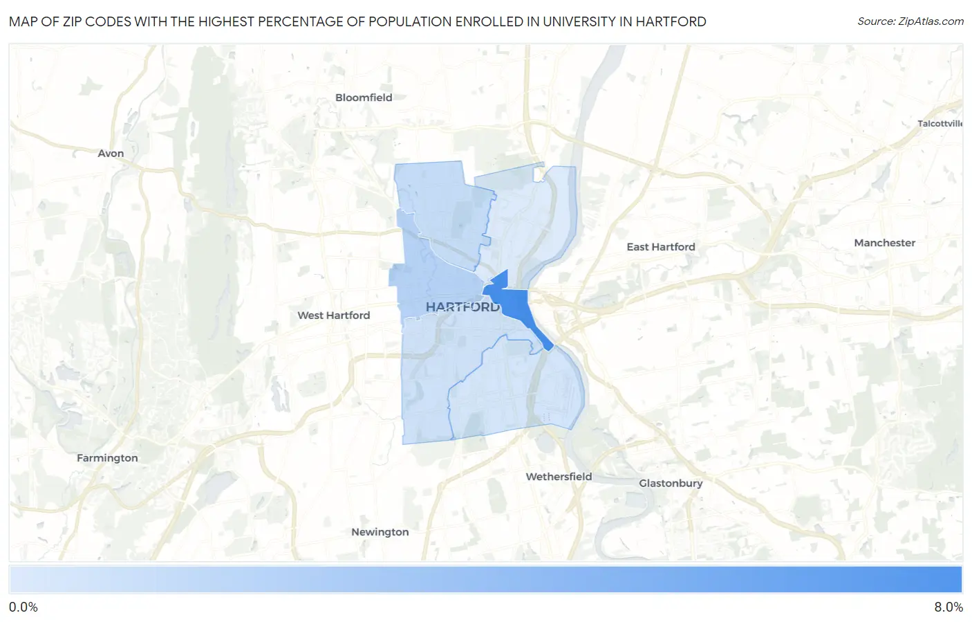 Zip Codes with the Highest Percentage of Population Enrolled in University in Hartford Map