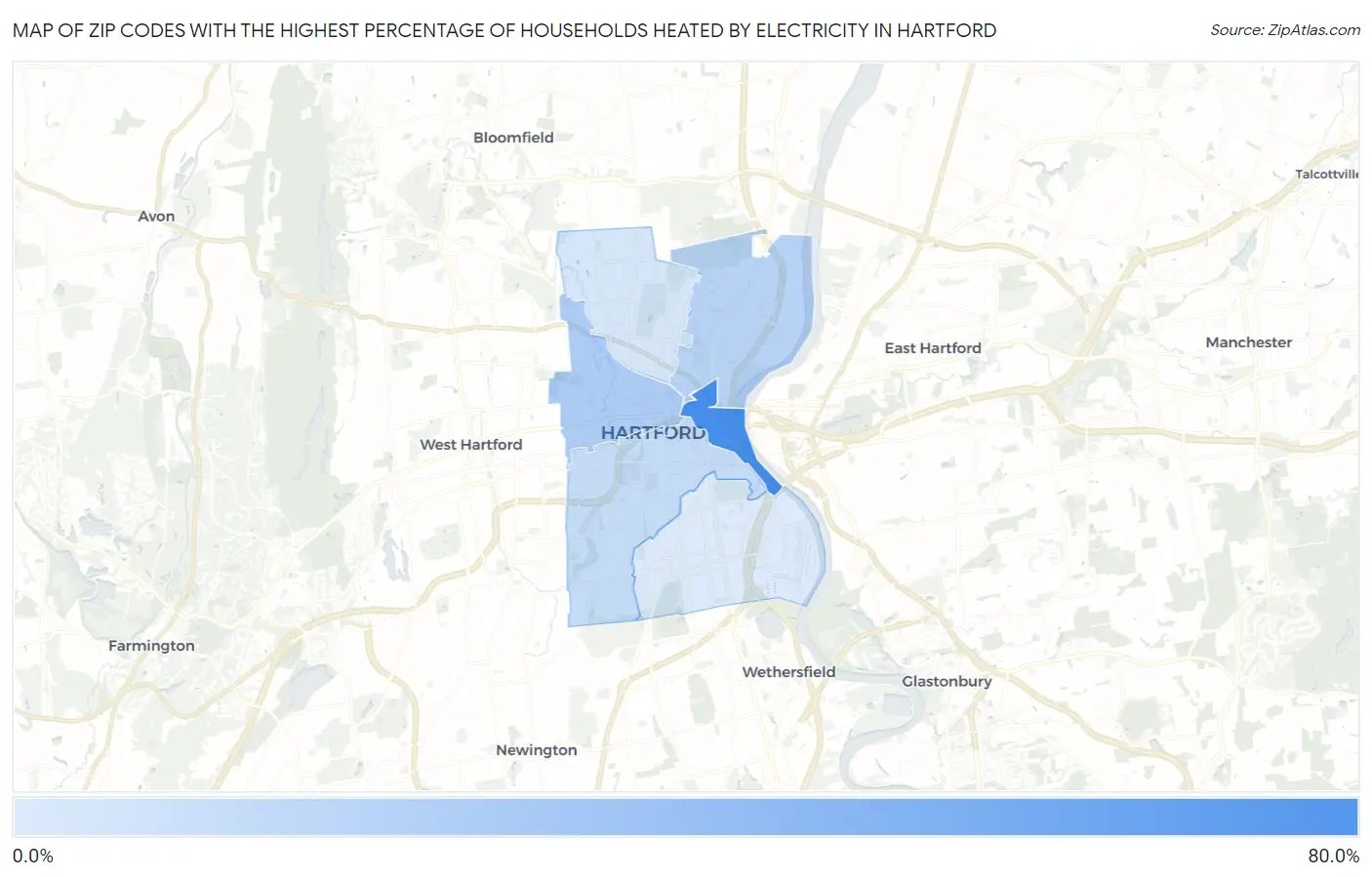 Zip Codes with the Highest Percentage of Households Heated by Electricity in Hartford Map