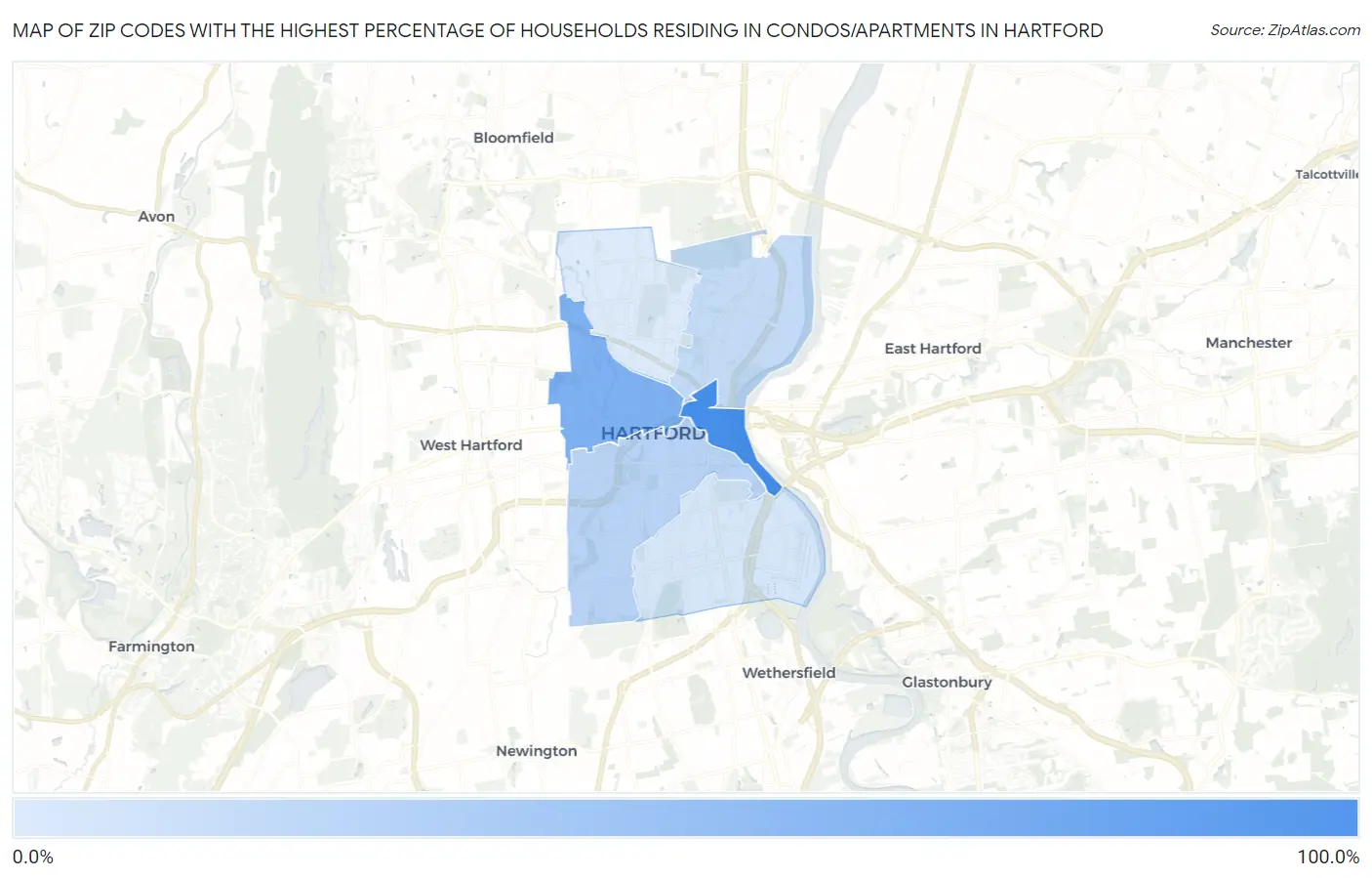 Zip Codes with the Highest Percentage of Households Residing in Condos/Apartments in Hartford Map