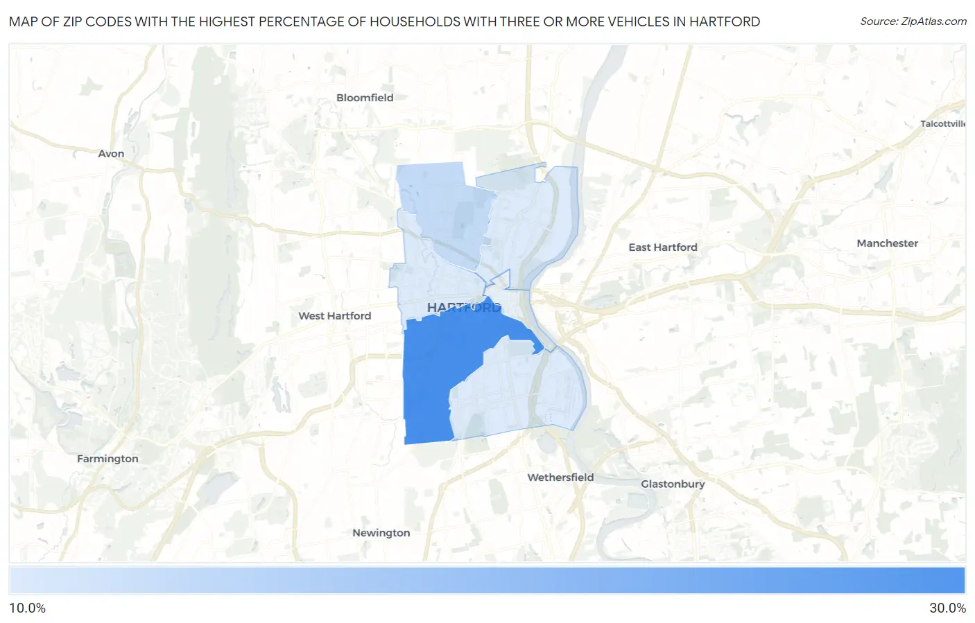 Zip Codes with the Highest Percentage of Households With Three or more Vehicles in Hartford Map