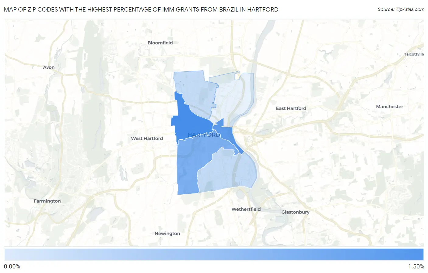 Zip Codes with the Highest Percentage of Immigrants from Brazil in Hartford Map