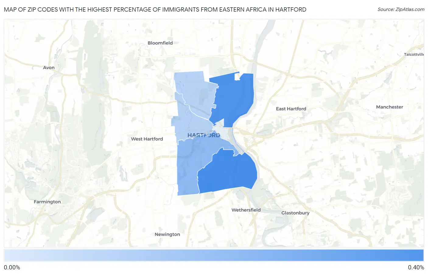 Zip Codes with the Highest Percentage of Immigrants from Eastern Africa in Hartford Map