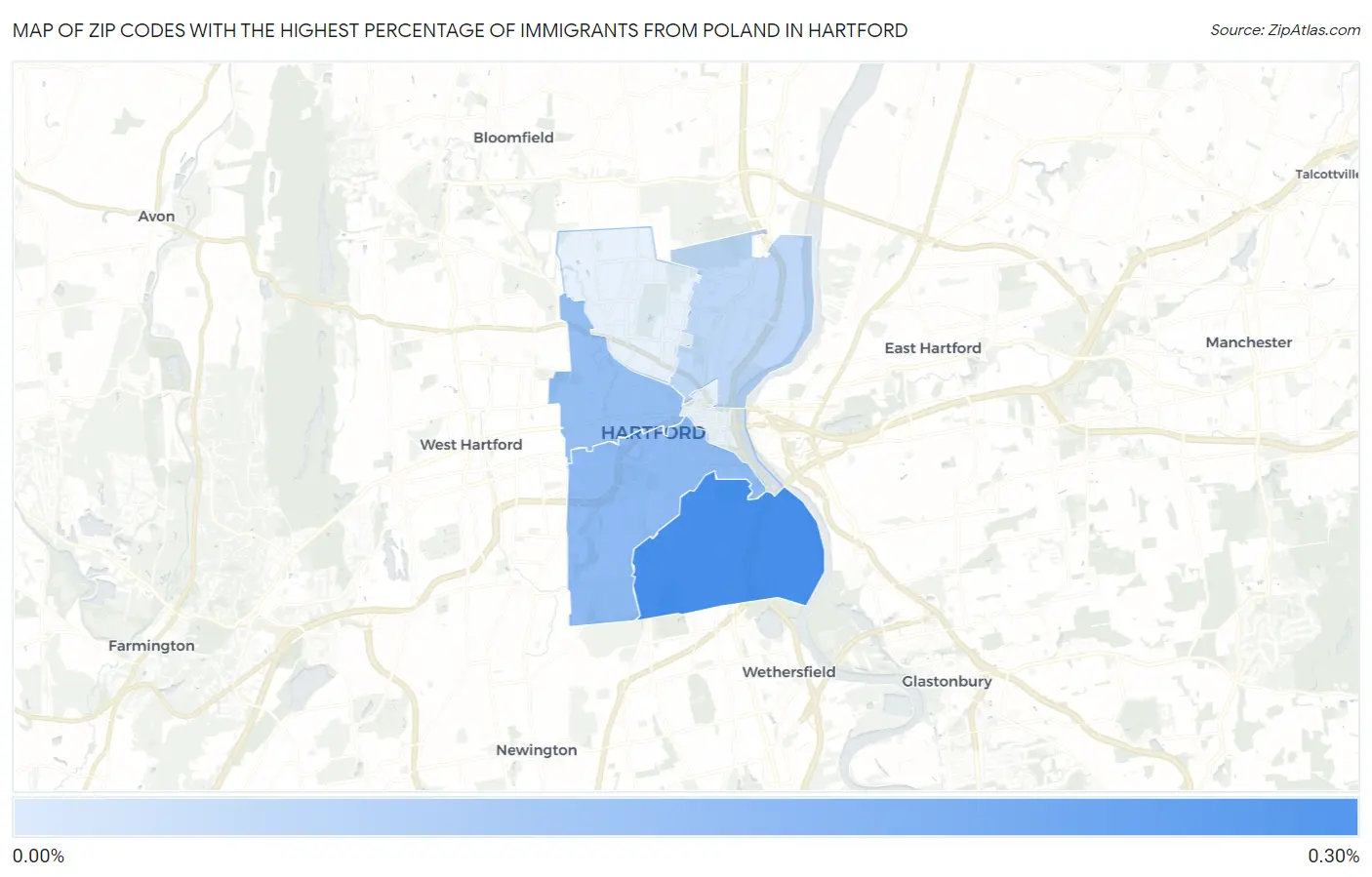 Zip Codes with the Highest Percentage of Immigrants from Poland in Hartford Map