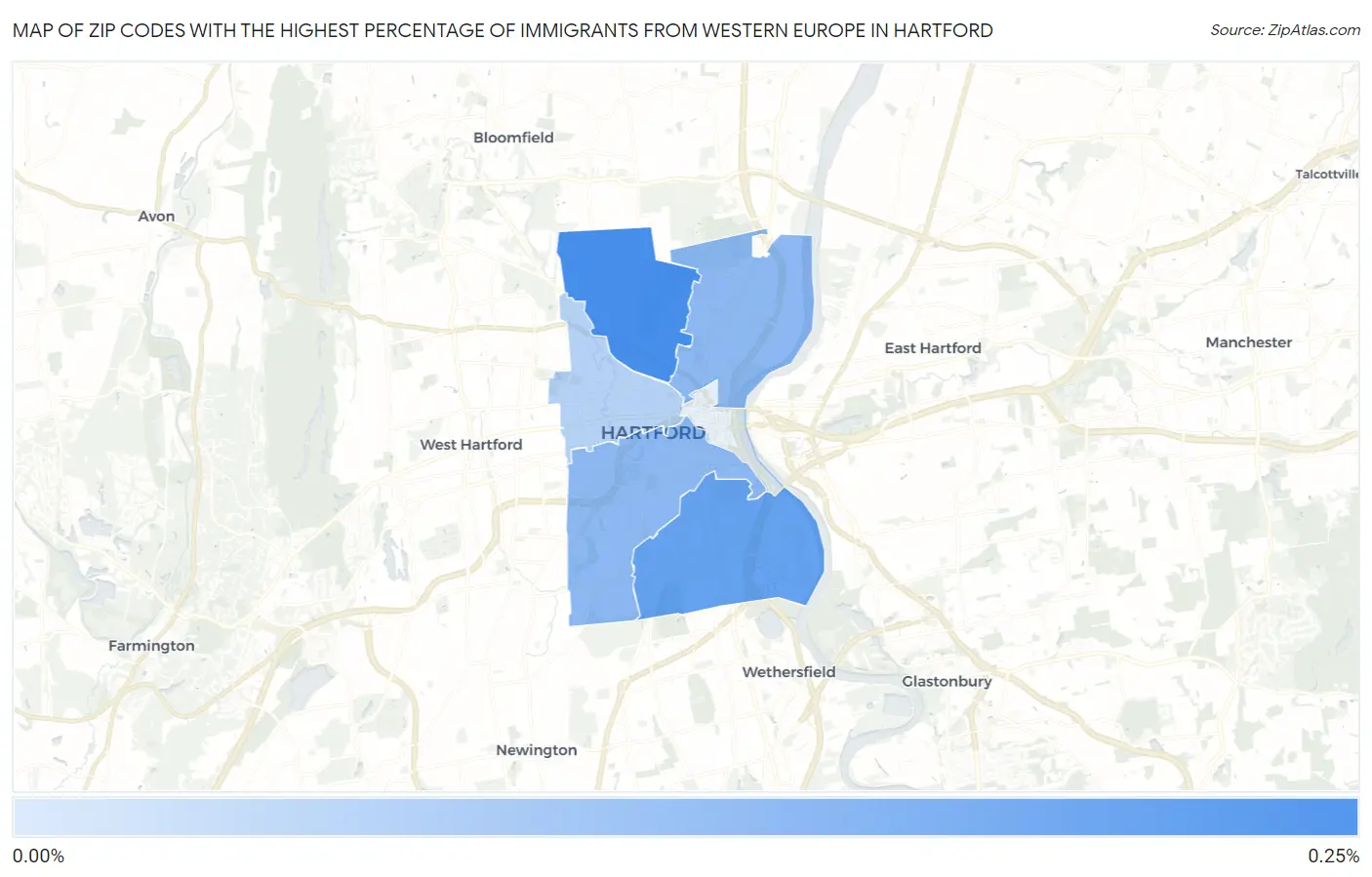 Zip Codes with the Highest Percentage of Immigrants from Western Europe in Hartford Map