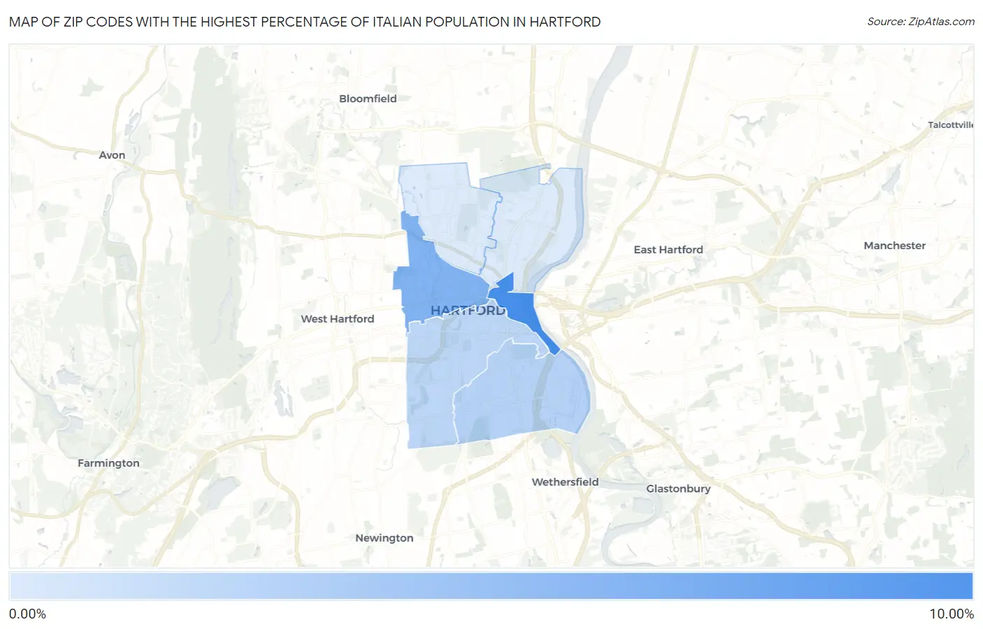 Zip Codes with the Highest Percentage of Italian Population in Hartford Map