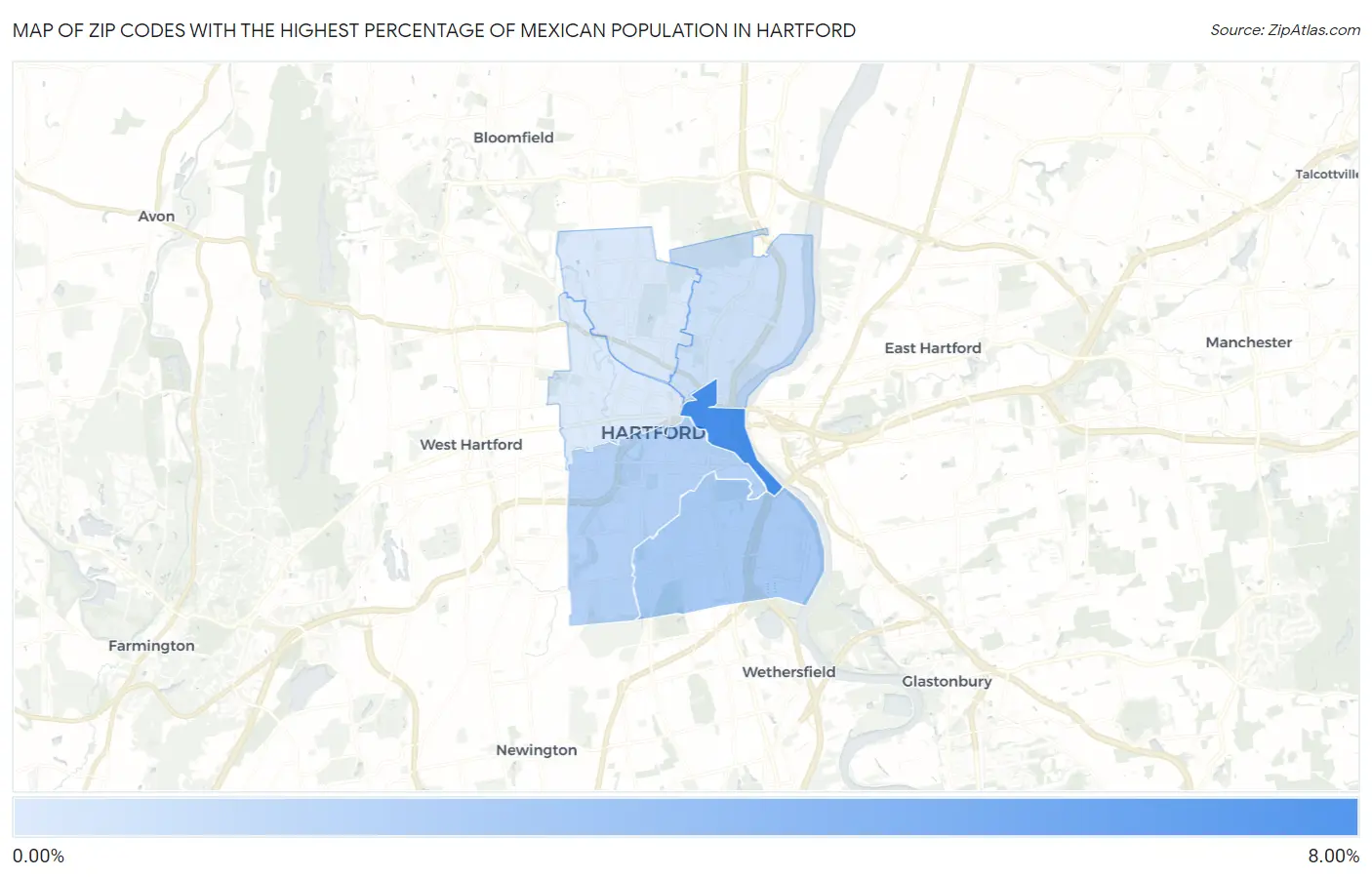 Zip Codes with the Highest Percentage of Mexican Population in Hartford Map