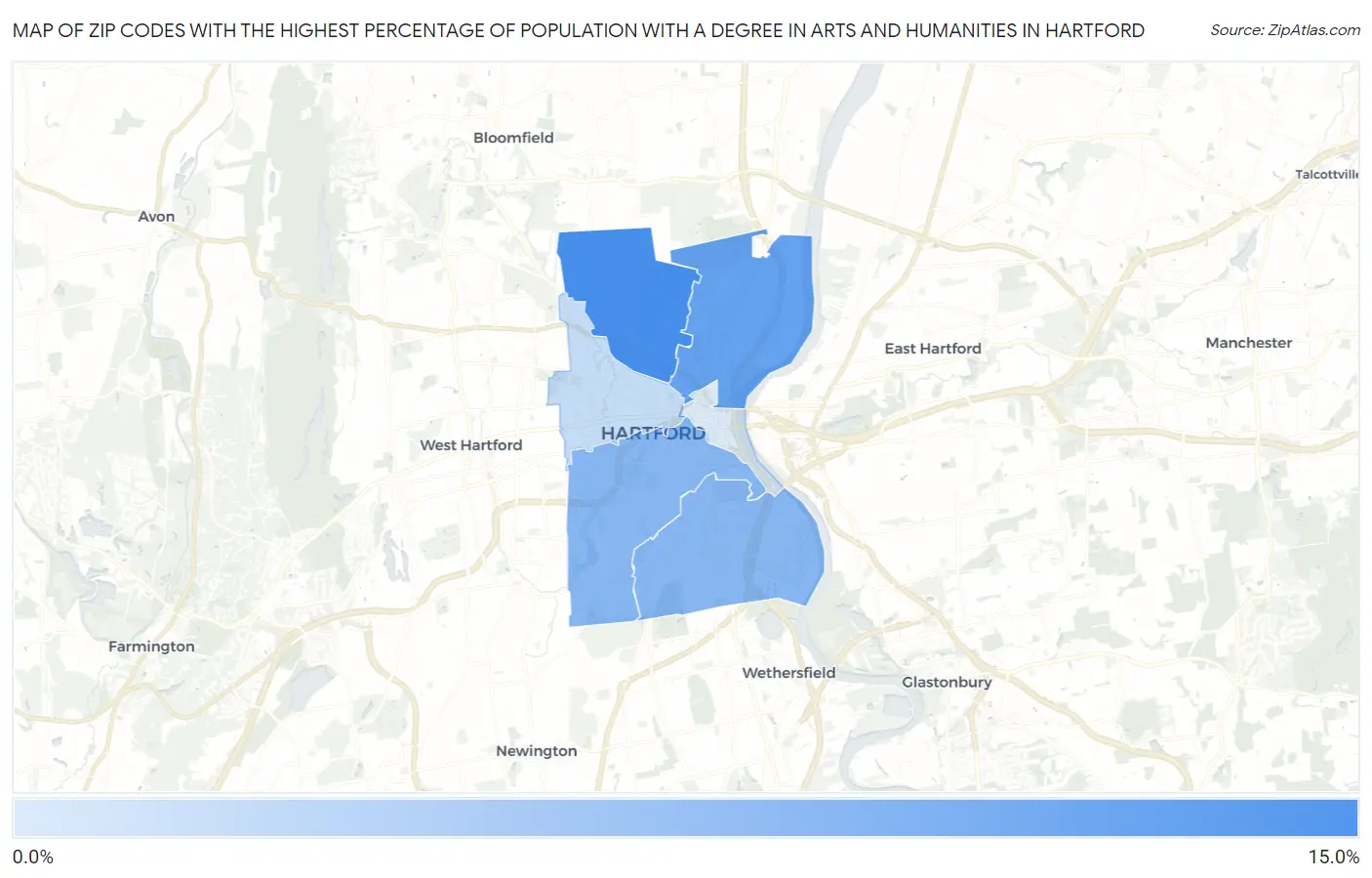 Zip Codes with the Highest Percentage of Population with a Degree in Arts and Humanities in Hartford Map