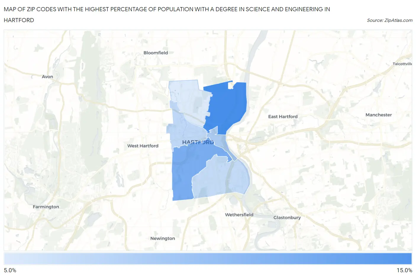 Zip Codes with the Highest Percentage of Population with a Degree in Science and Engineering in Hartford Map