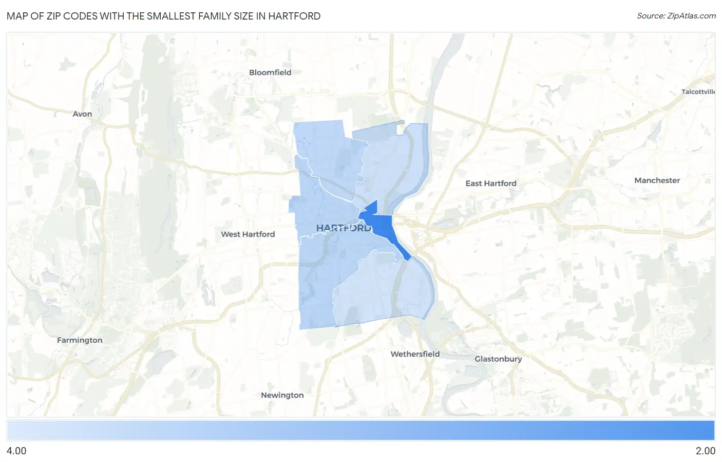 Zip Codes with the Smallest Family Size in Hartford Map