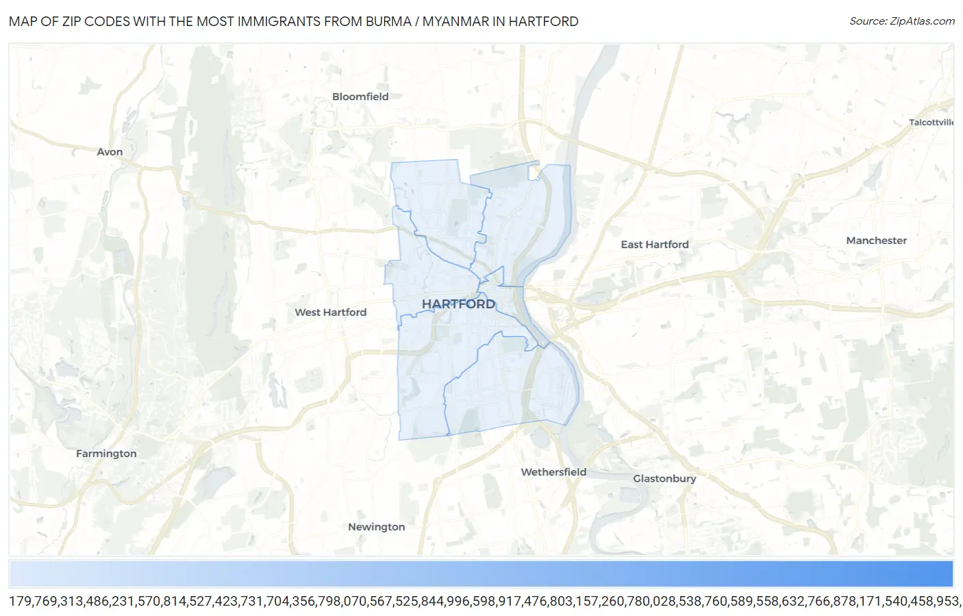 Zip Codes with the Most Immigrants from Burma / Myanmar in Hartford Map