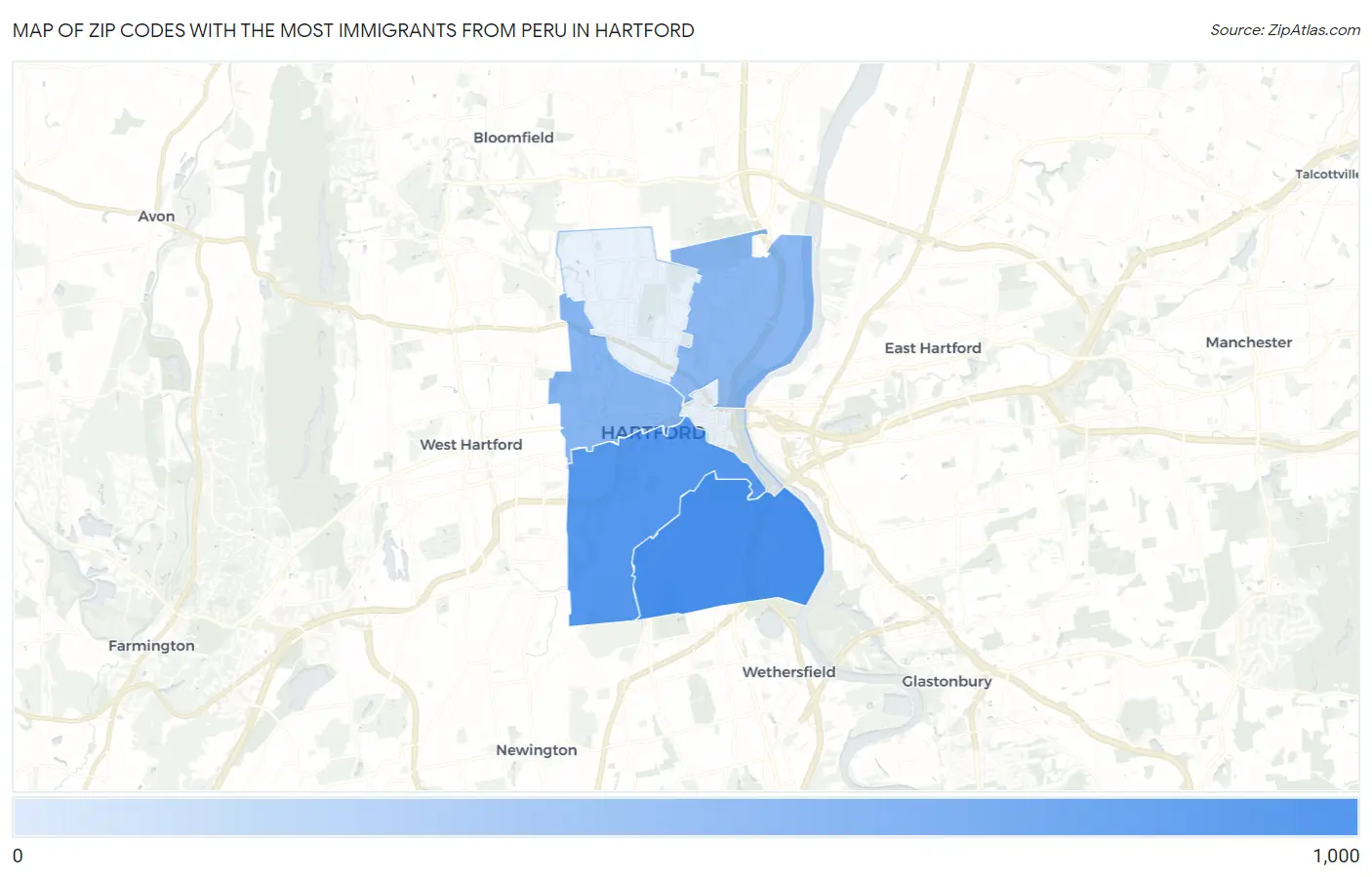 Zip Codes with the Most Immigrants from Peru in Hartford Map