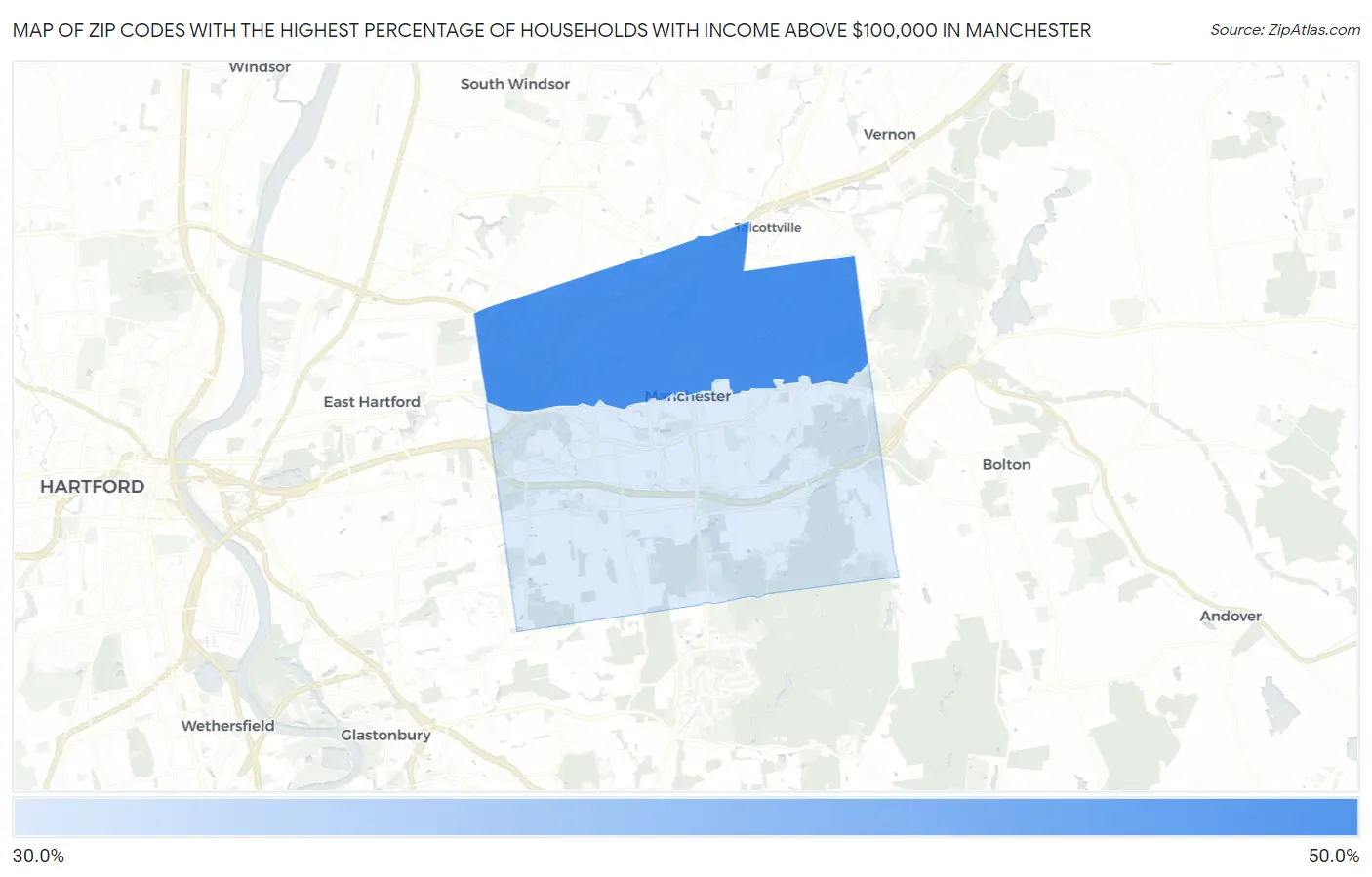 Zip Codes with the Highest Percentage of Households with Income Above $100,000 in Manchester Map
