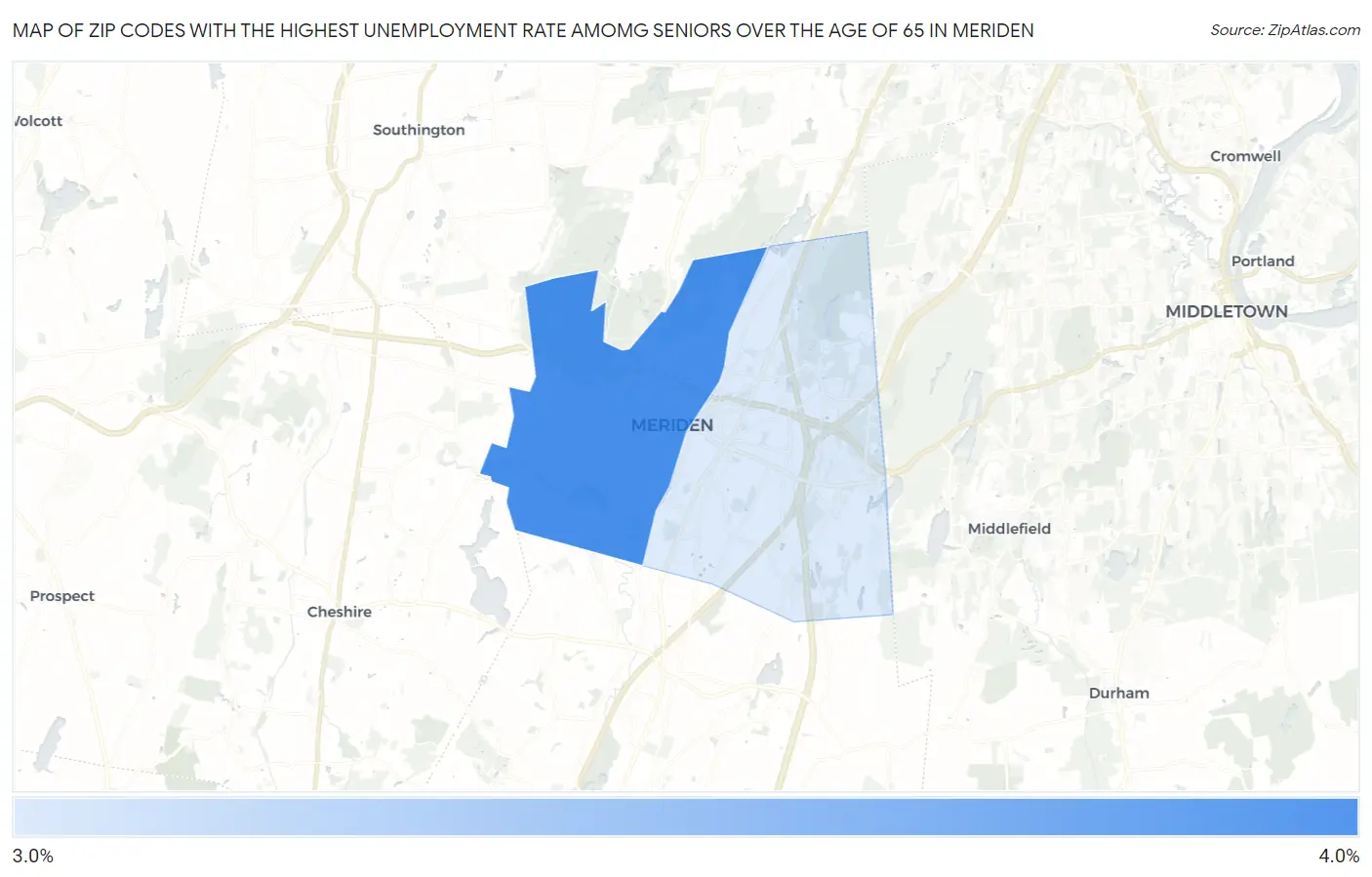Zip Codes with the Highest Unemployment Rate Amomg Seniors Over the Age of 65 in Meriden Map