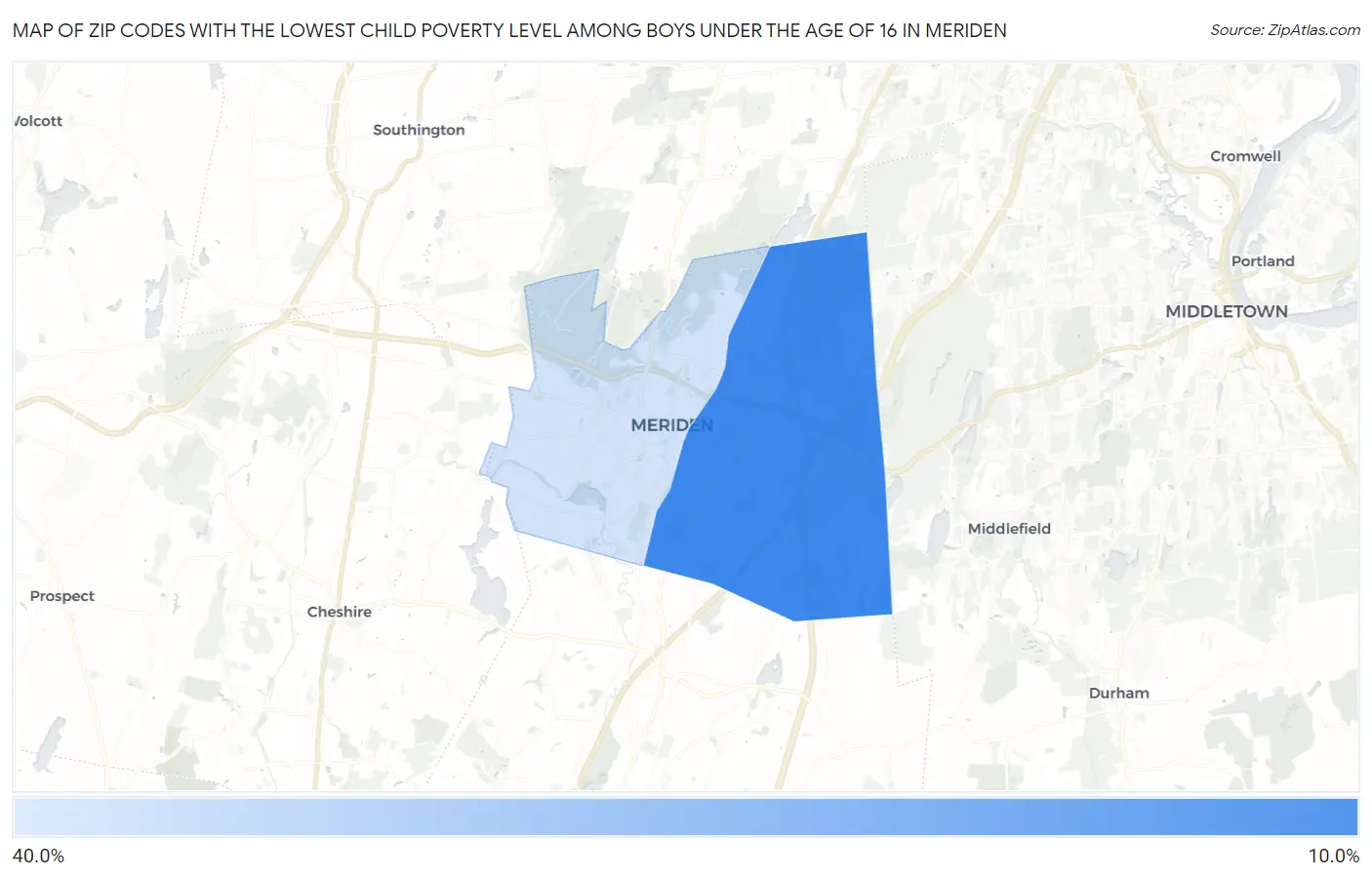 Zip Codes with the Lowest Child Poverty Level Among Boys Under the Age of 16 in Meriden Map