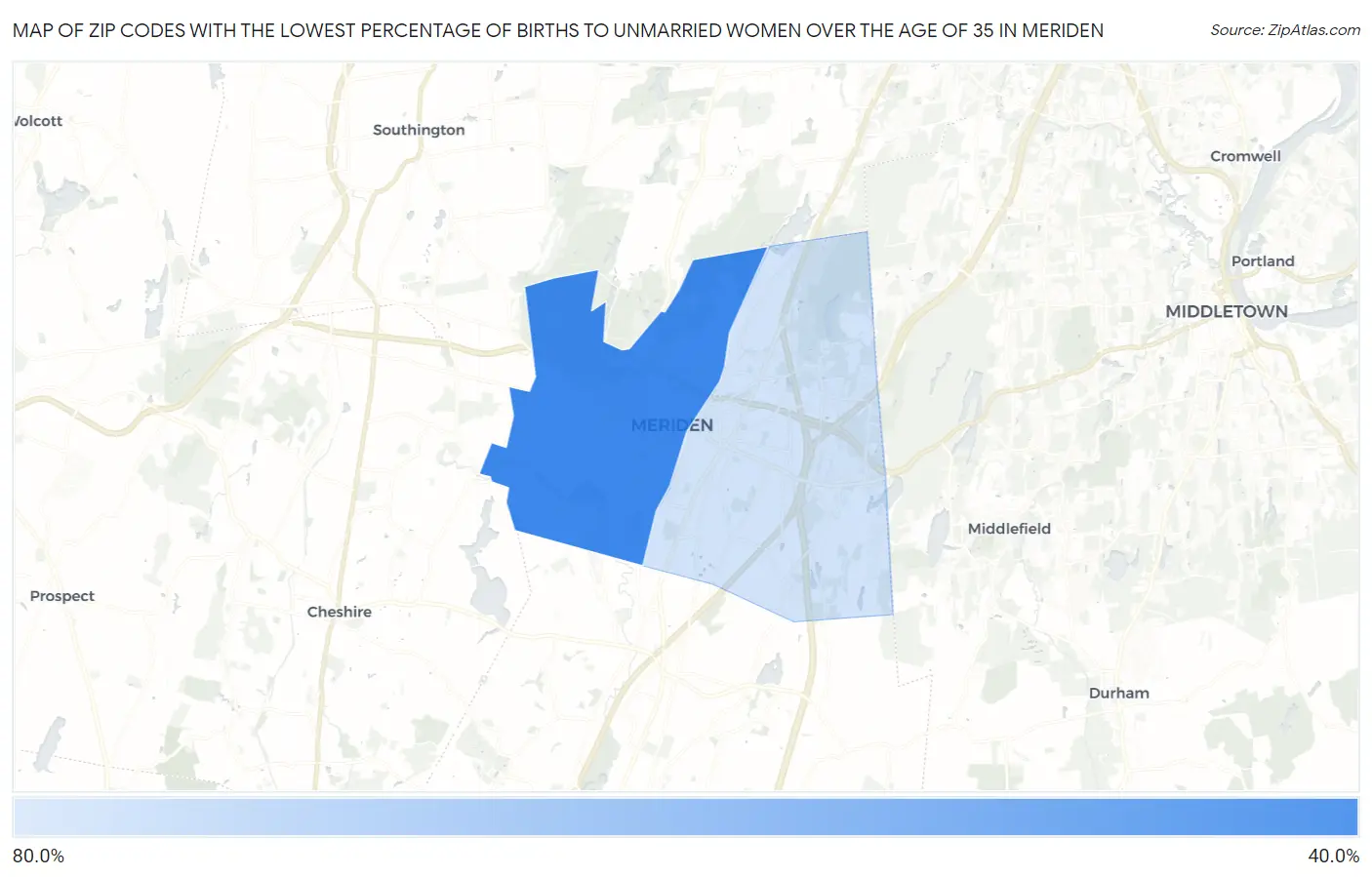 Zip Codes with the Lowest Percentage of Births to Unmarried Women over the Age of 35 in Meriden Map