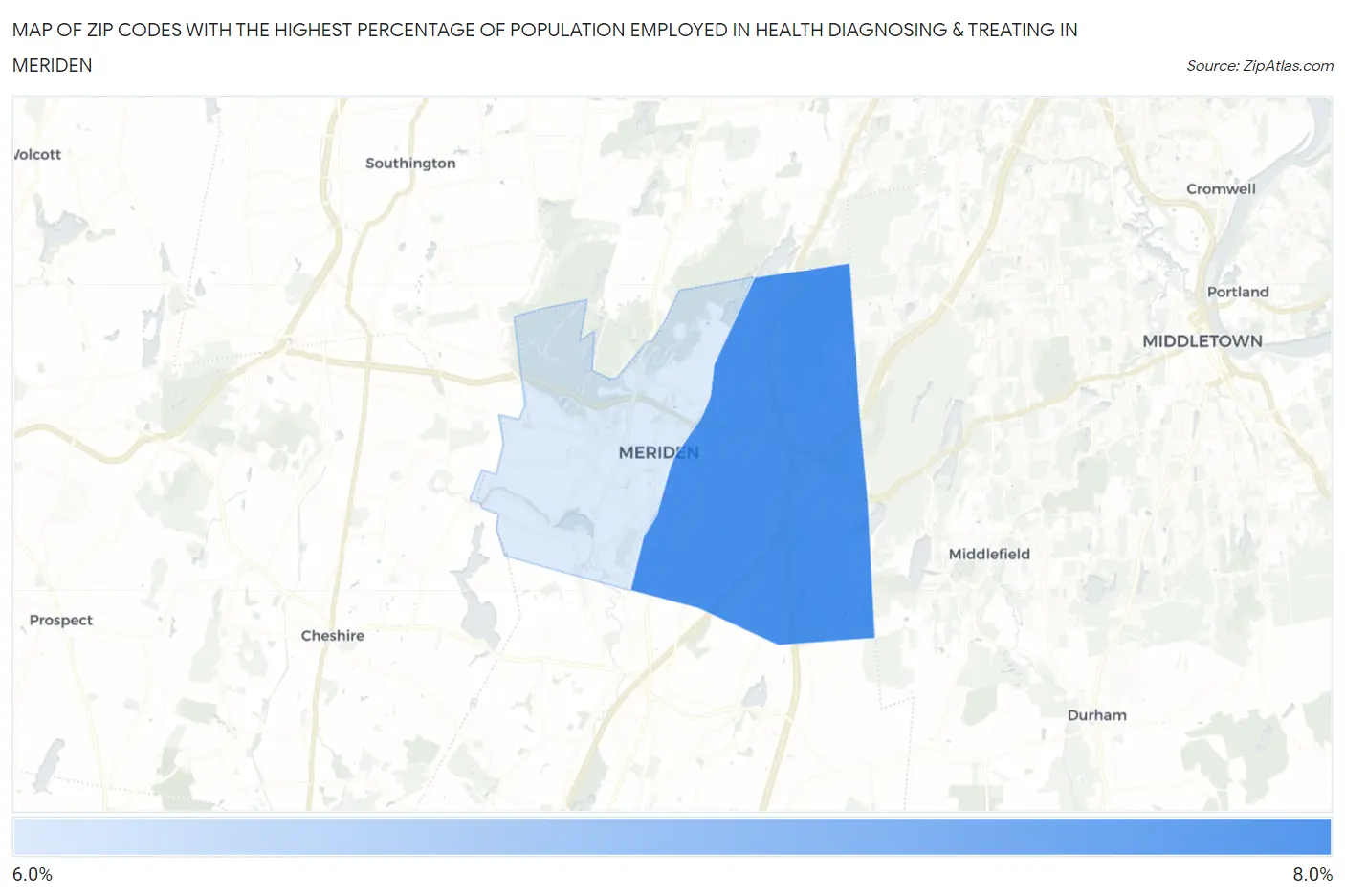 Zip Codes with the Highest Percentage of Population Employed in Health Diagnosing & Treating in Meriden Map