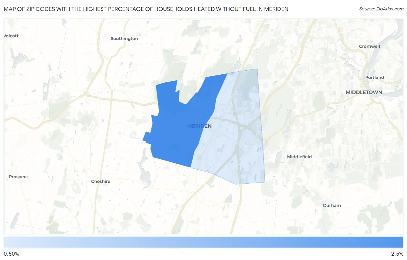 Zip Codes with the Highest Percentage of Households Heated without Fuel in Meriden Map