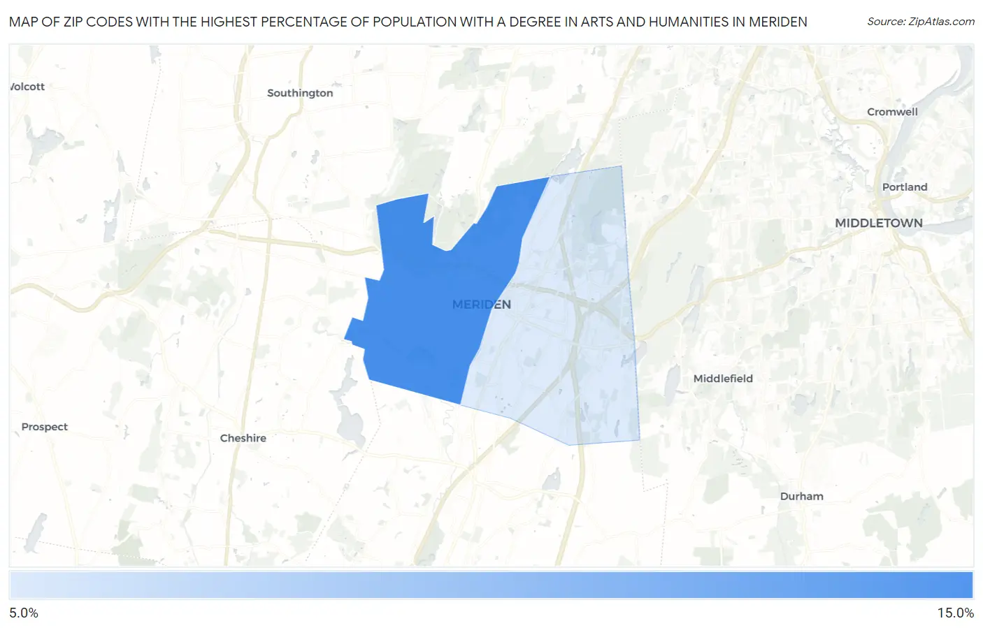 Zip Codes with the Highest Percentage of Population with a Degree in Arts and Humanities in Meriden Map