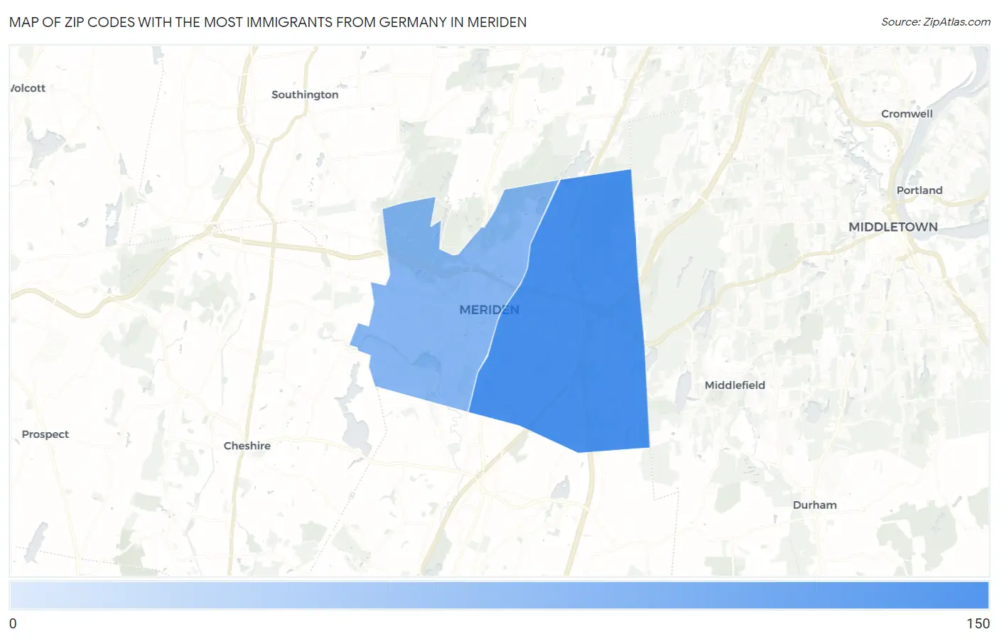 Zip Codes with the Most Immigrants from Germany in Meriden Map