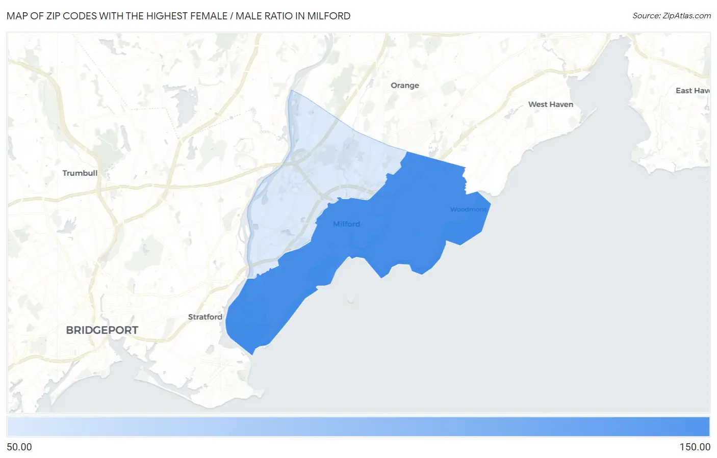 Zip Codes with the Highest Female / Male Ratio in Milford Map