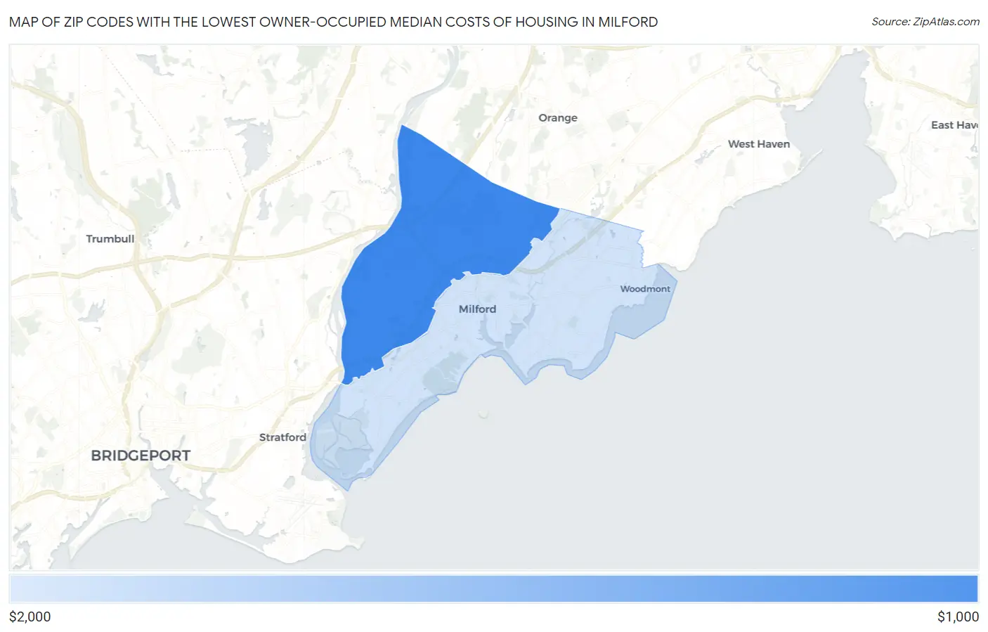 Zip Codes with the Lowest Owner-Occupied Median Costs of Housing in Milford Map