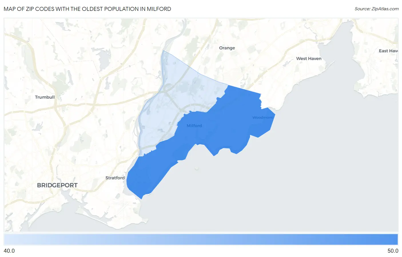 Zip Codes with the Oldest Population in Milford Map