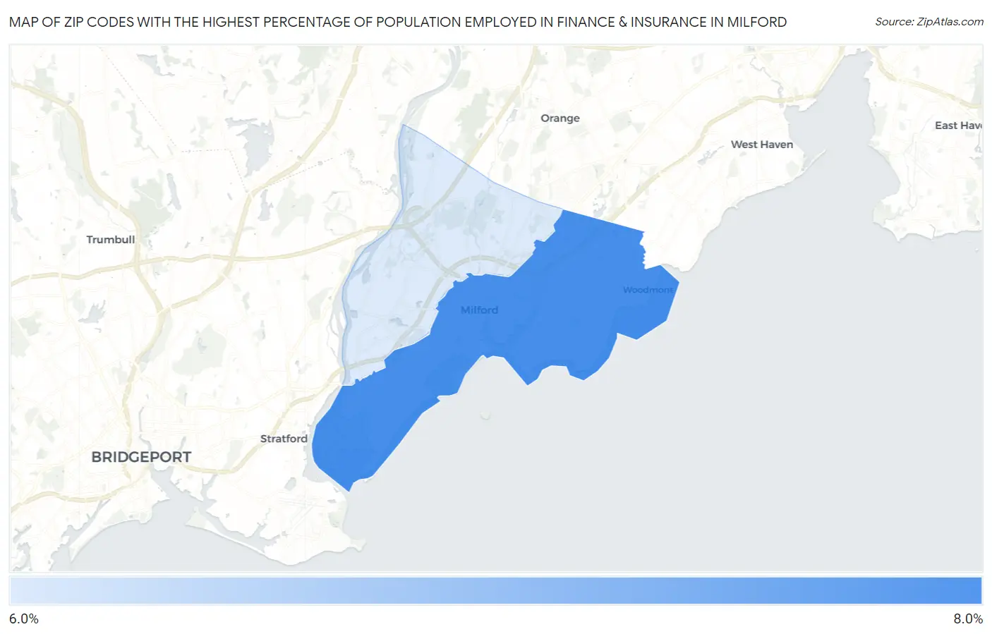 Zip Codes with the Highest Percentage of Population Employed in Finance & Insurance in Milford Map
