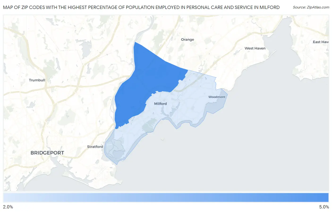 Zip Codes with the Highest Percentage of Population Employed in Personal Care and Service in Milford Map