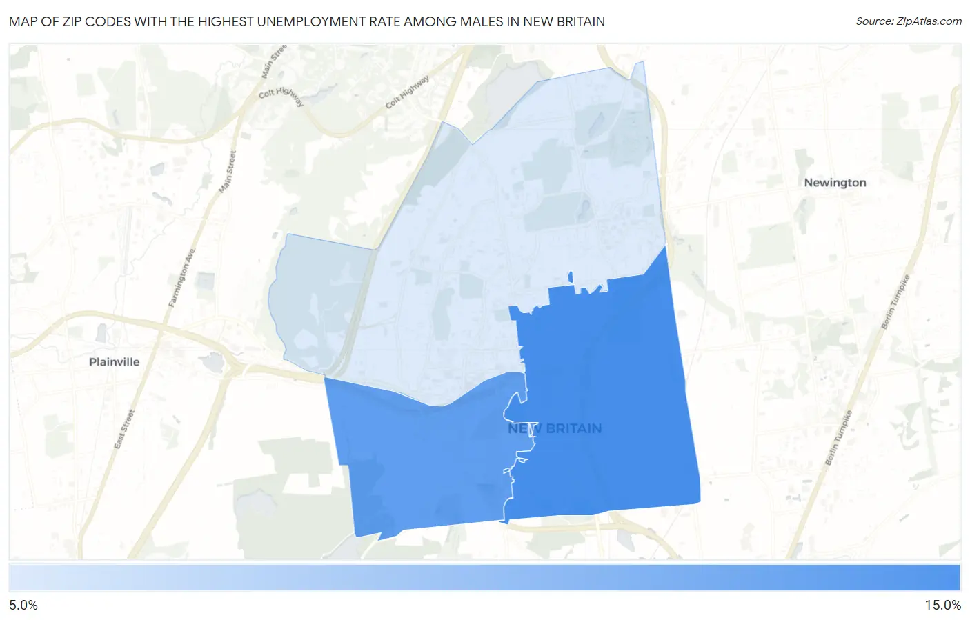 Zip Codes with the Highest Unemployment Rate Among Males in New Britain Map