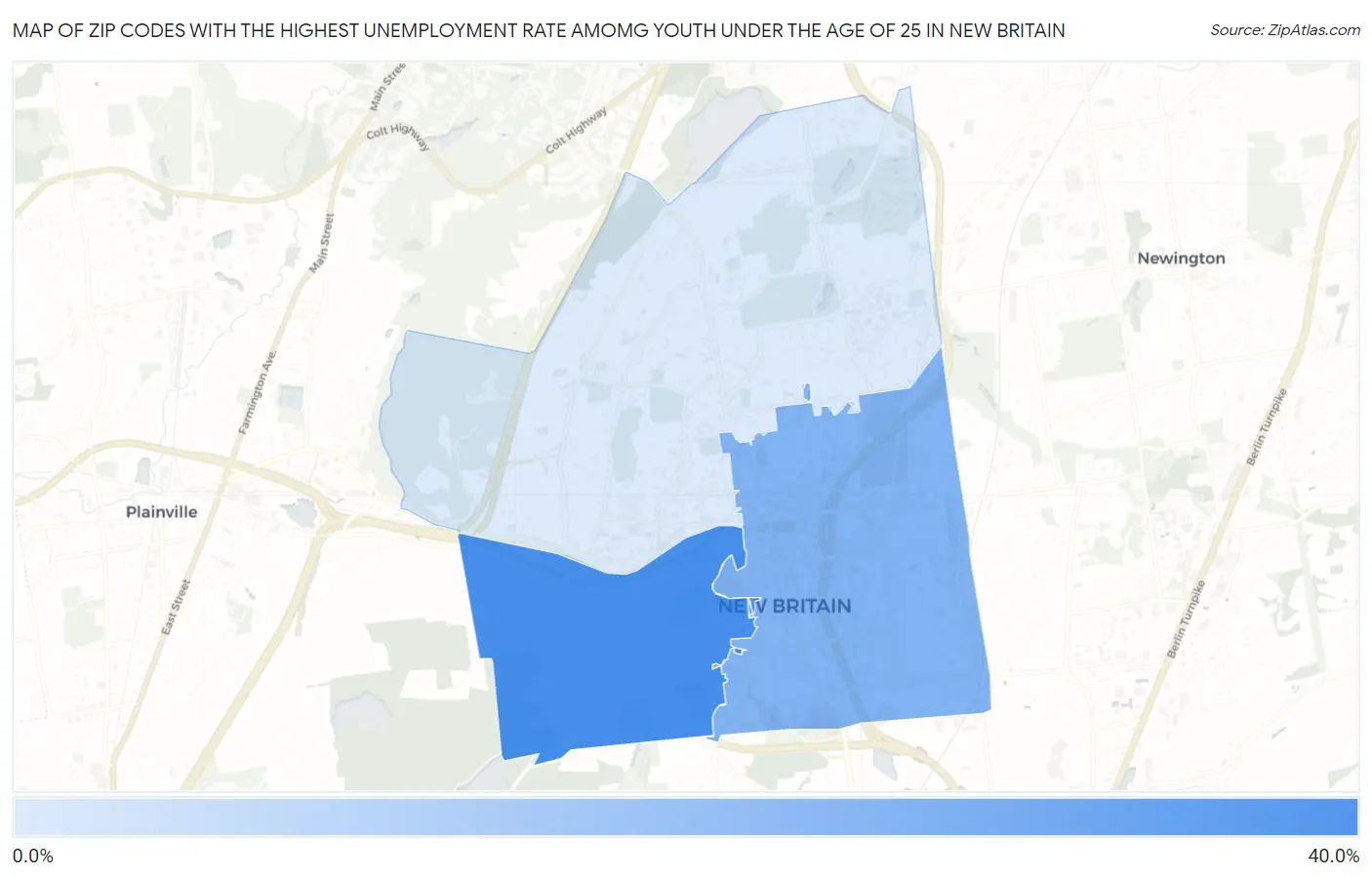Zip Codes with the Highest Unemployment Rate Amomg Youth Under the Age of 25 in New Britain Map