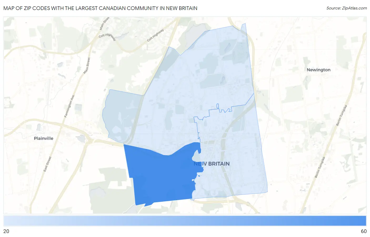 Zip Codes with the Largest Canadian Community in New Britain Map