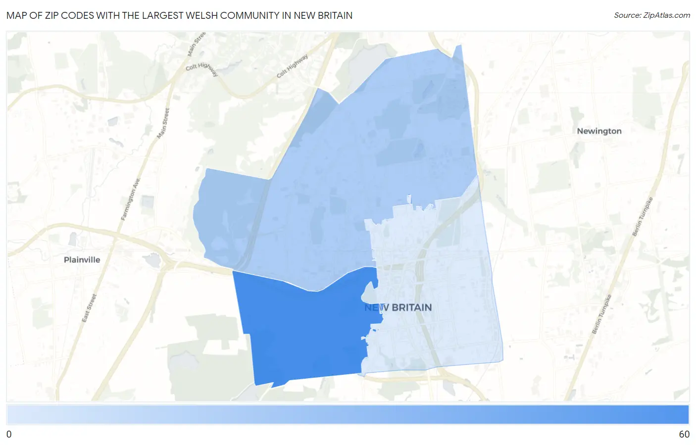 Zip Codes with the Largest Welsh Community in New Britain Map