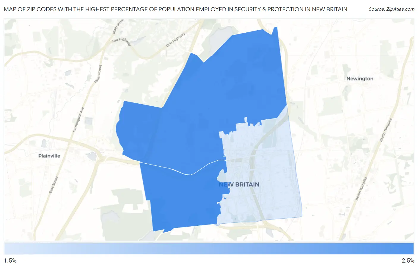 Zip Codes with the Highest Percentage of Population Employed in Security & Protection in New Britain Map