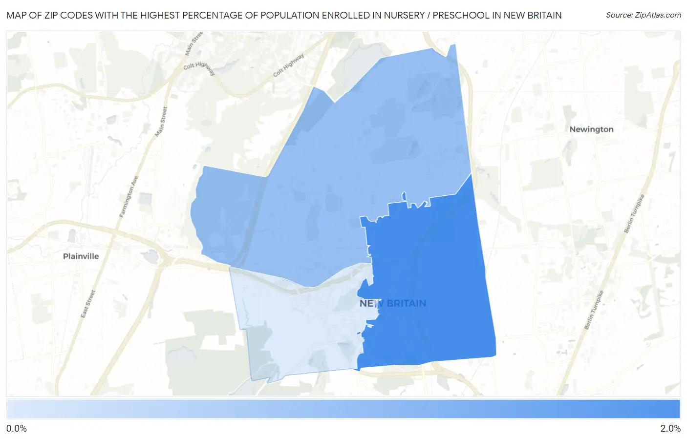 Zip Codes with the Highest Percentage of Population Enrolled in Nursery / Preschool in New Britain Map