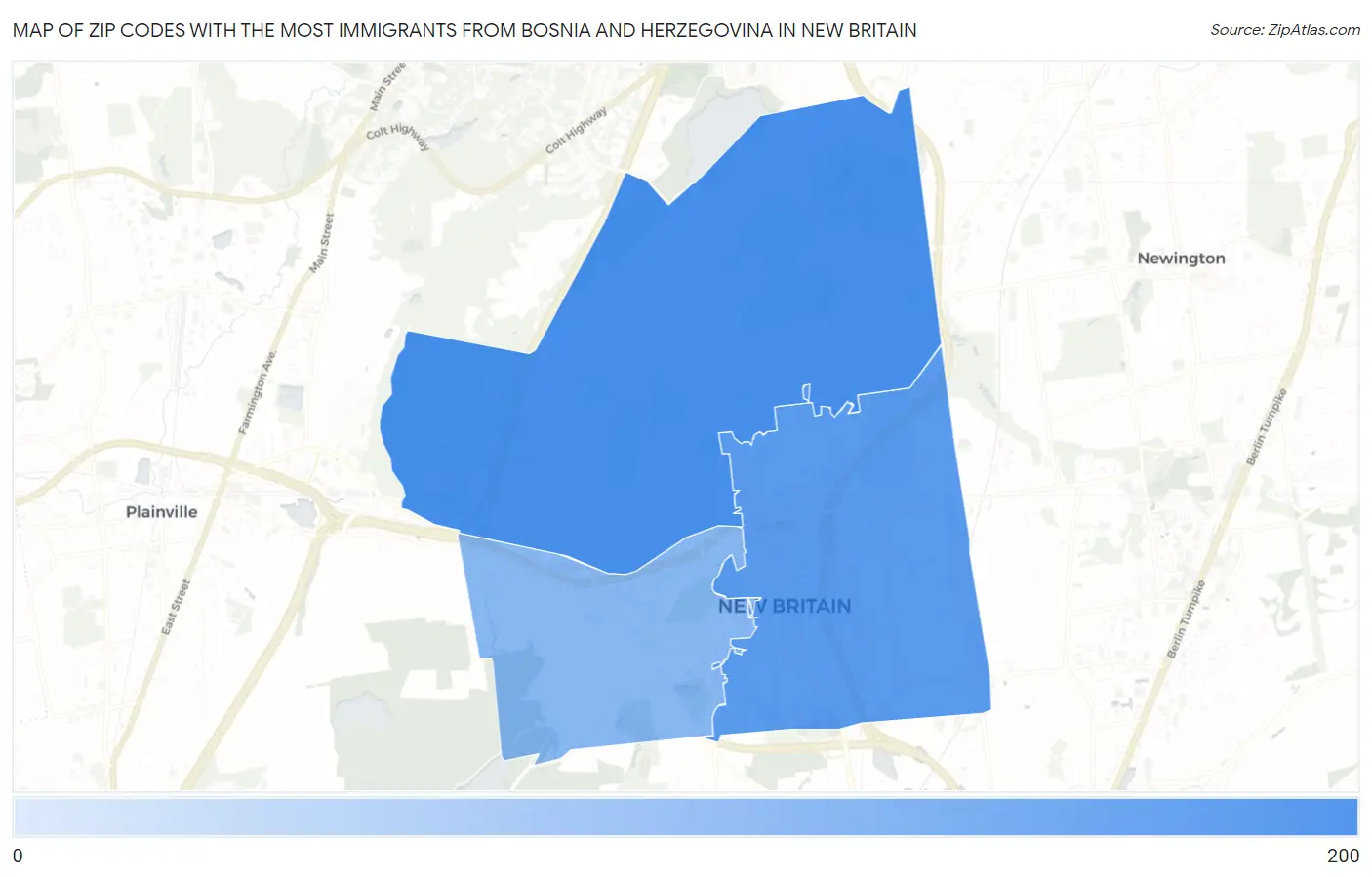 Zip Codes with the Most Immigrants from Bosnia and Herzegovina in New Britain Map