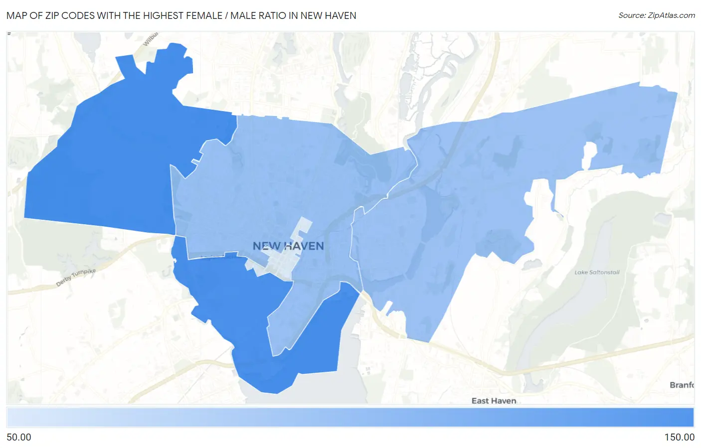 Zip Codes with the Highest Female / Male Ratio in New Haven Map