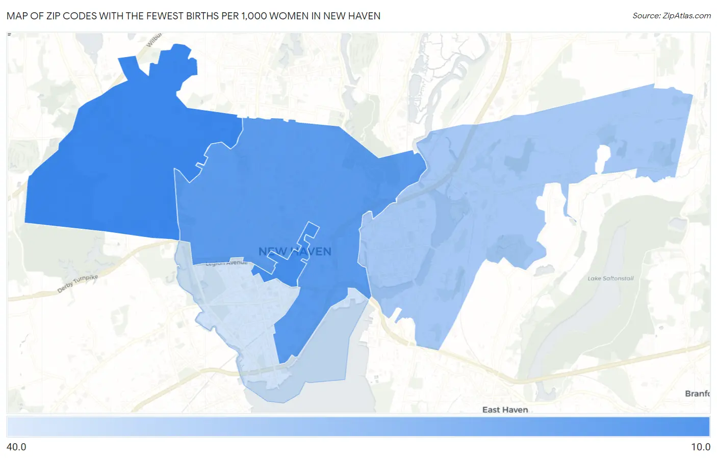 Zip Codes with the Fewest Births per 1,000 Women in New Haven Map