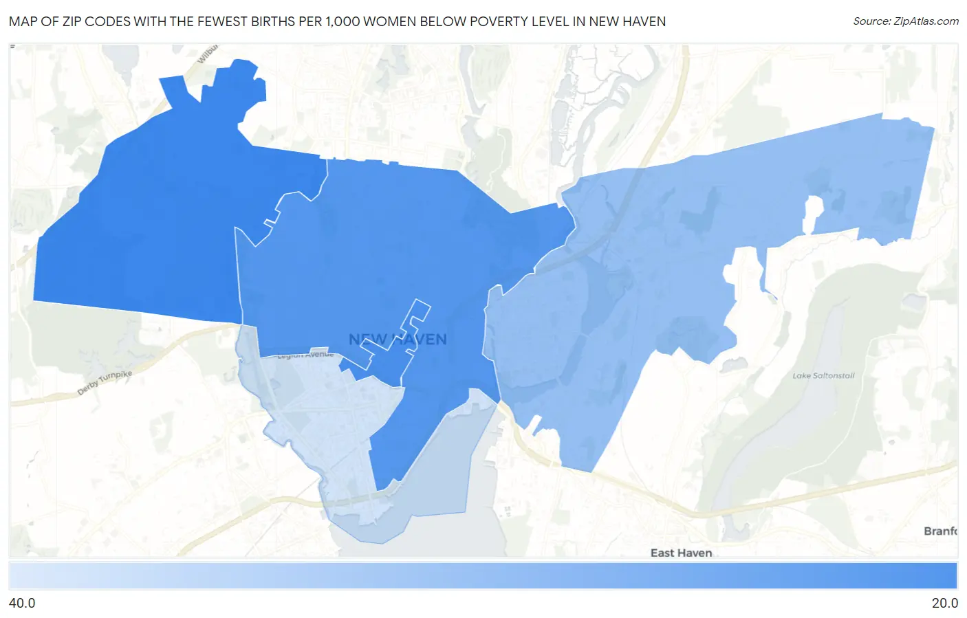 Zip Codes with the Fewest Births per 1,000 Women Below Poverty Level in New Haven Map